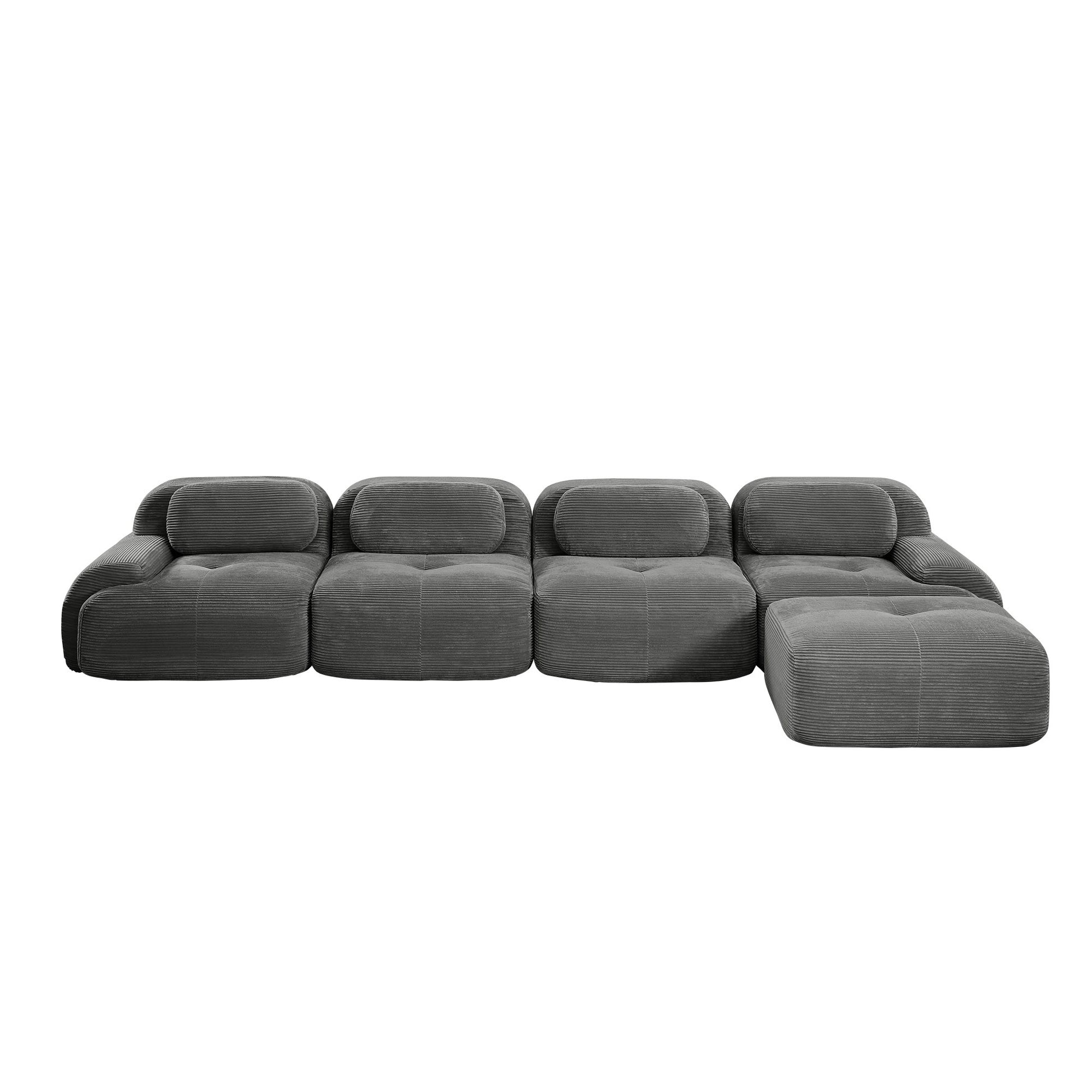 Grey corduroy boneless sectional, 4-seat with one ottoman layout, second view on a white background — Grey / 4-Seat + 1 Ottoman