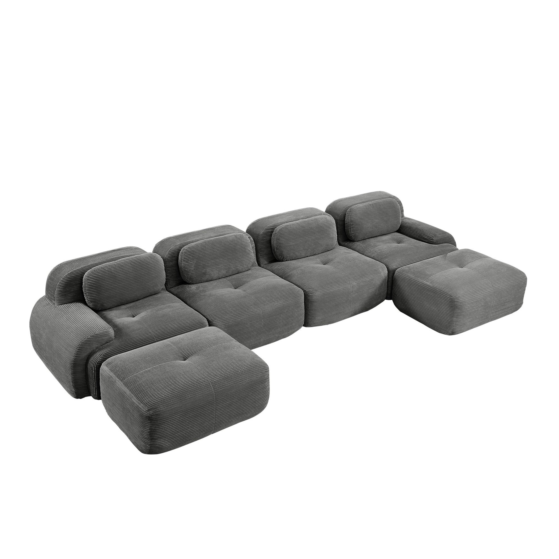 Grey corduroy boneless sectional, 4-seat with two ottomans layout, 45 degree view on a white background — Grey / 4-Seat + 2 Ottomans