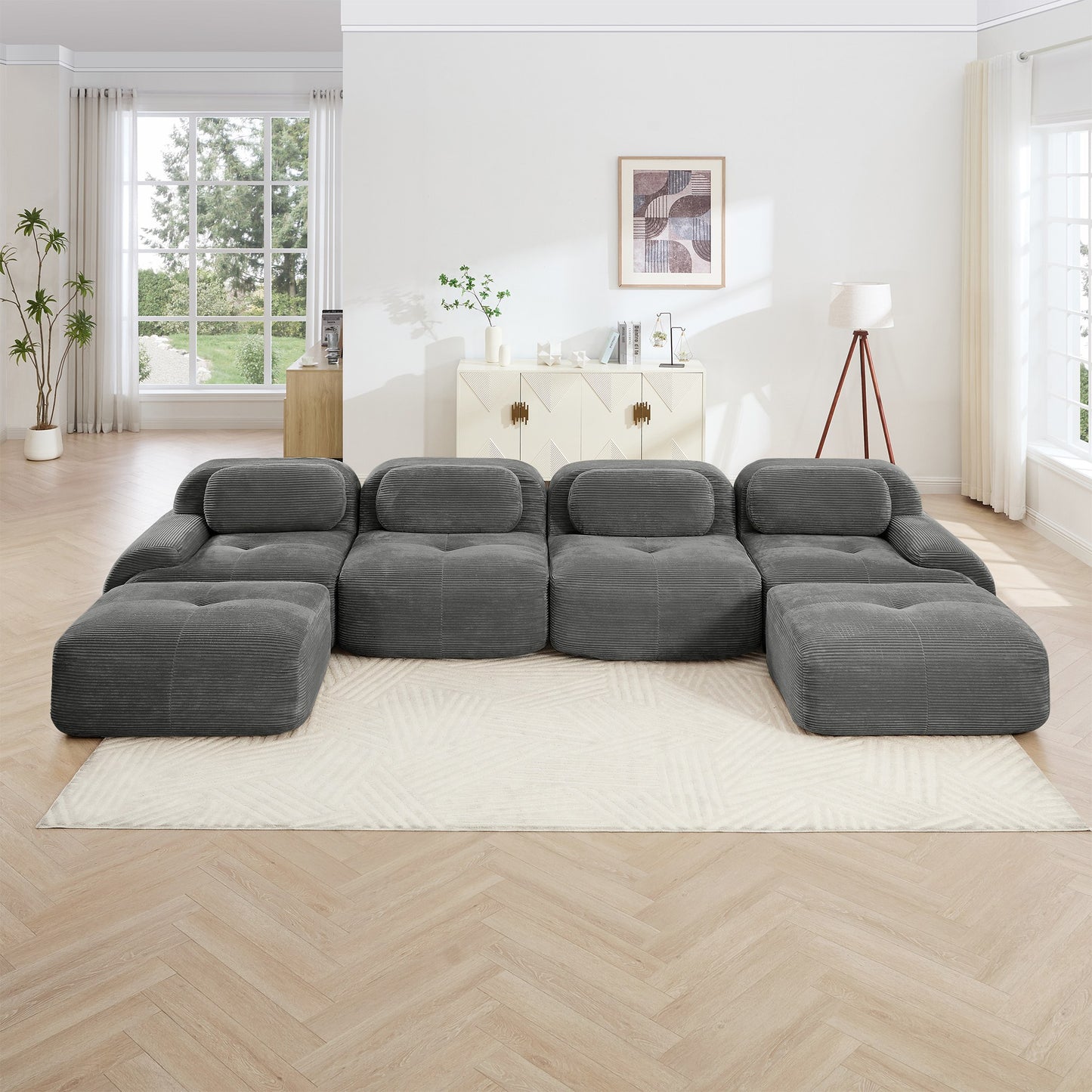 Grey corduroy boneless sectional, 4-seat with two ottomans layout, straight on view in a living room — Grey / 4-Seat + 2 Ottomans