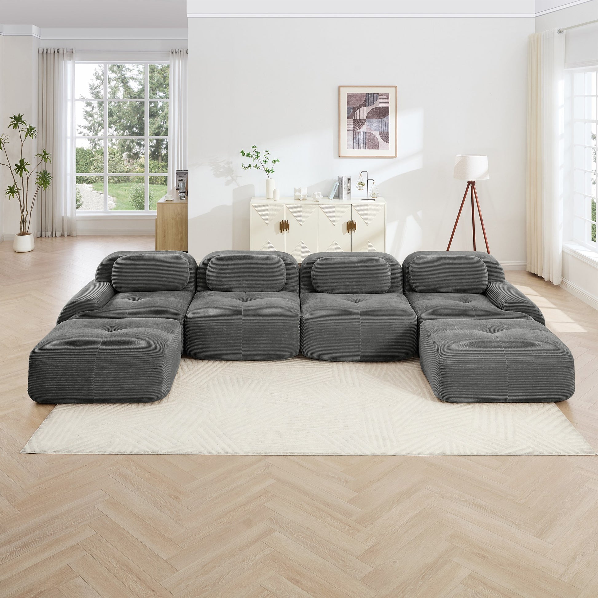 Grey corduroy boneless sectional, 4-seat with two ottomans layout, straight on view in a living room — Grey / 4-Seat + 2 Ottomans