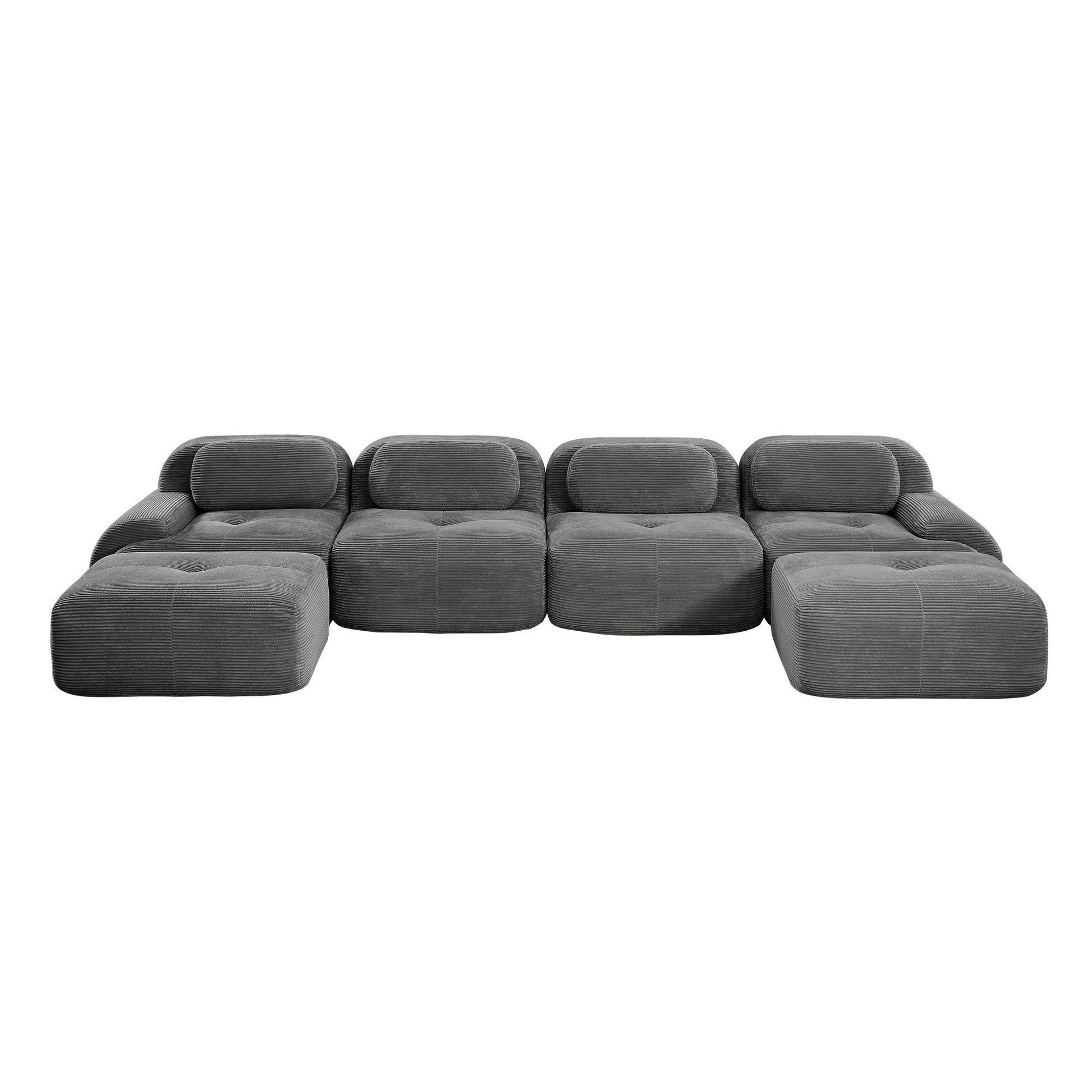 Grey corduroy boneless sectional, 4-seat with two ottomans layout, second view on a white background — Grey / 4-Seat + 2 Ottomans