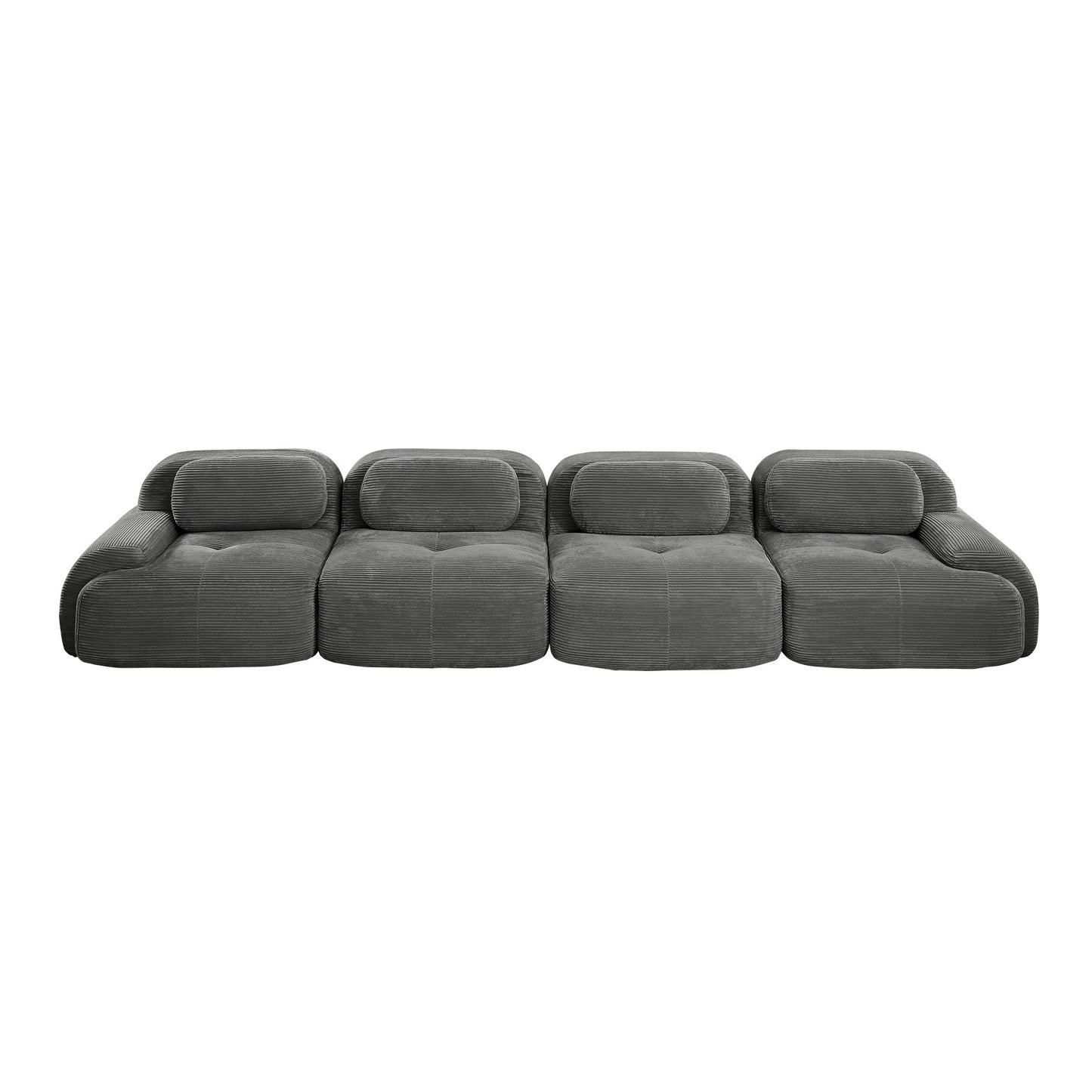Grey corduroy boneless sectional, 4-seat layout, 45 degree view on a white background — Grey / 4-Seat
