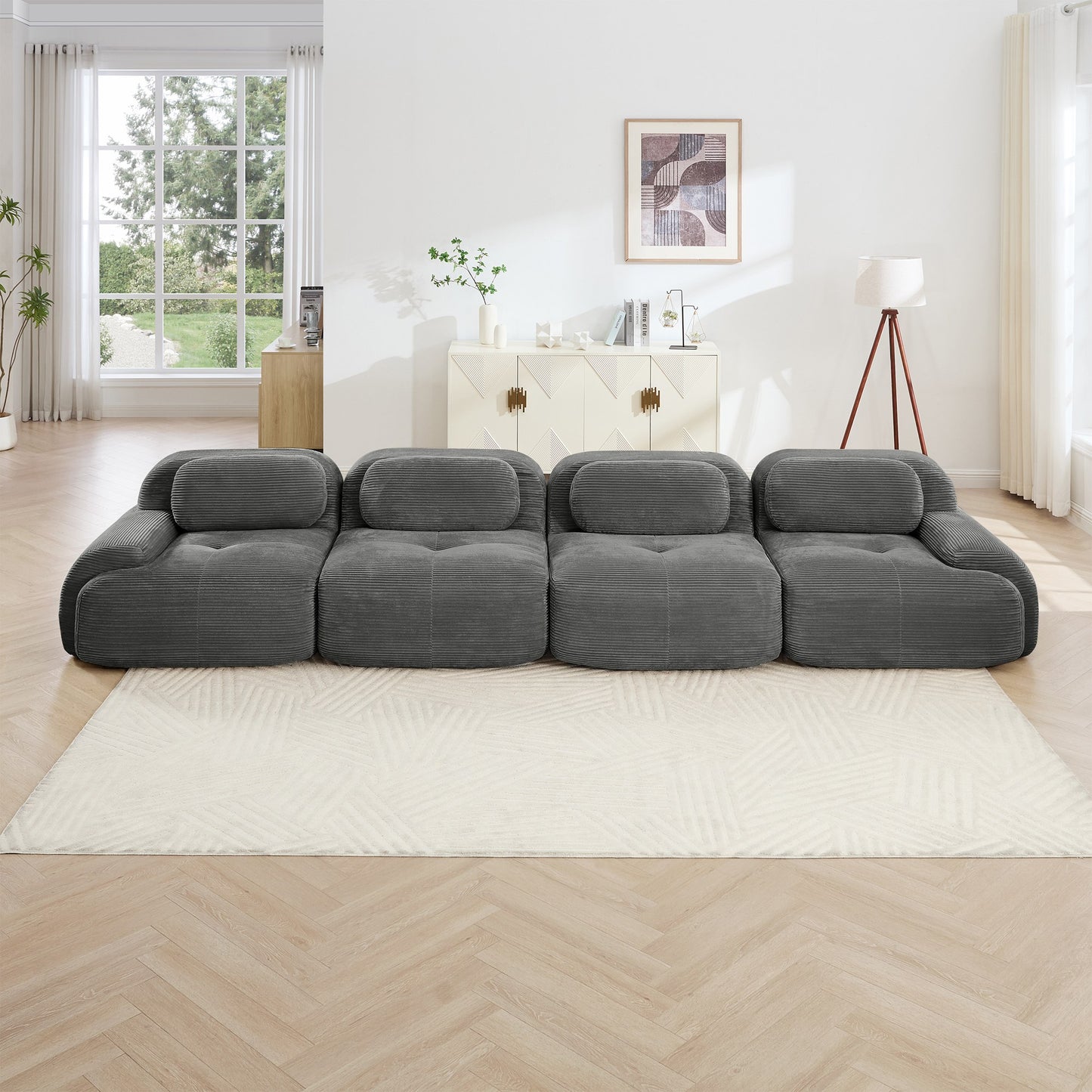 Grey corduroy boneless sectional, 4-seat layout, straight on view in a living room — Grey / 4-Seat