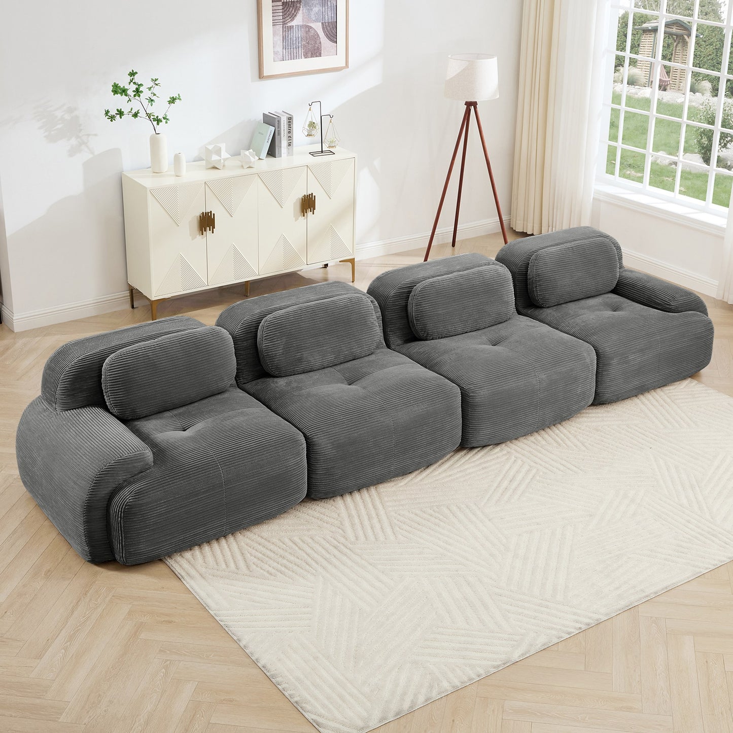 Grey corduroy boneless sectional, 4-seat layout, angled view in a bright living room — Grey / 4-Seat