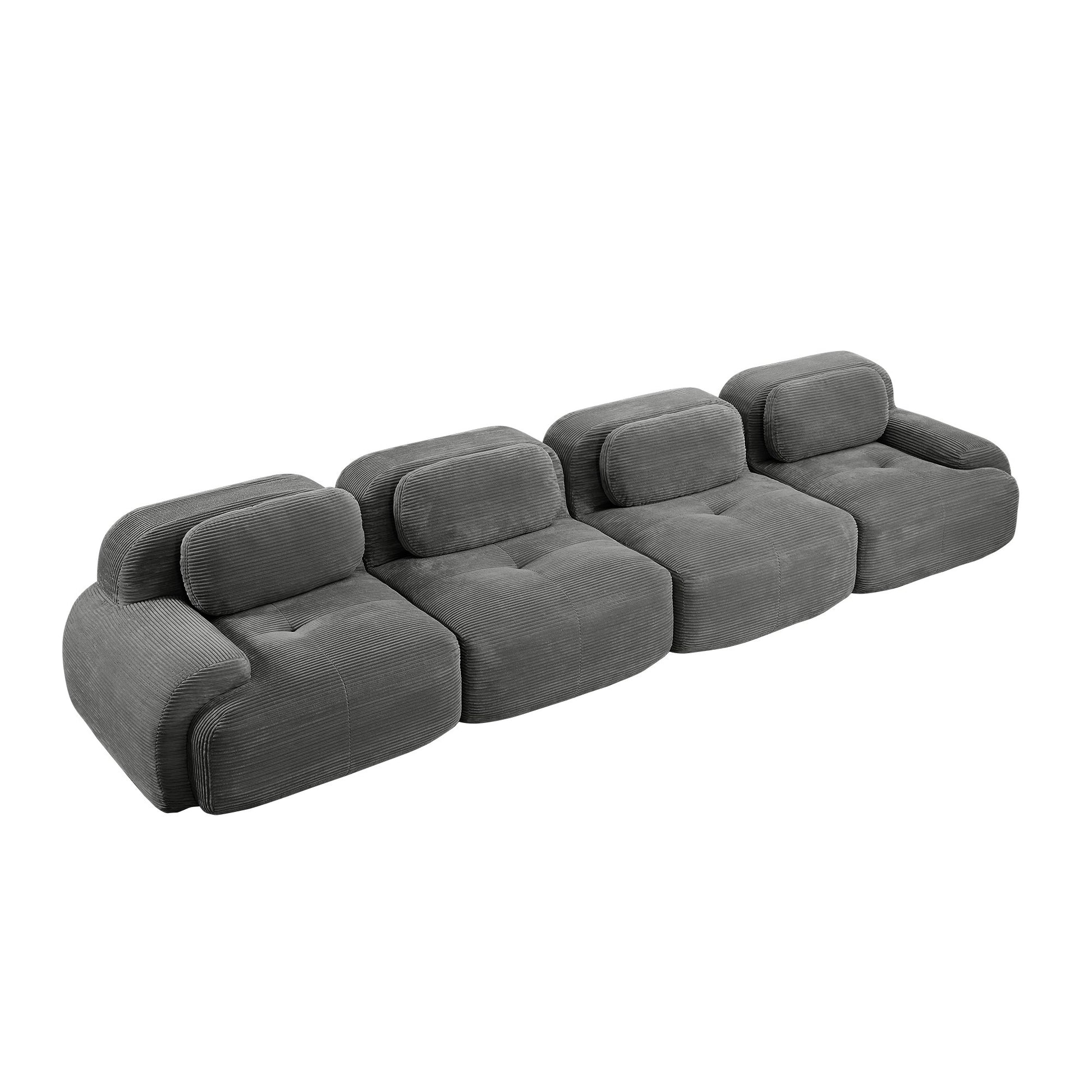 Grey corduroy boneless sectional, 4-seat layout, second view on a white background — Grey / 4-Seat