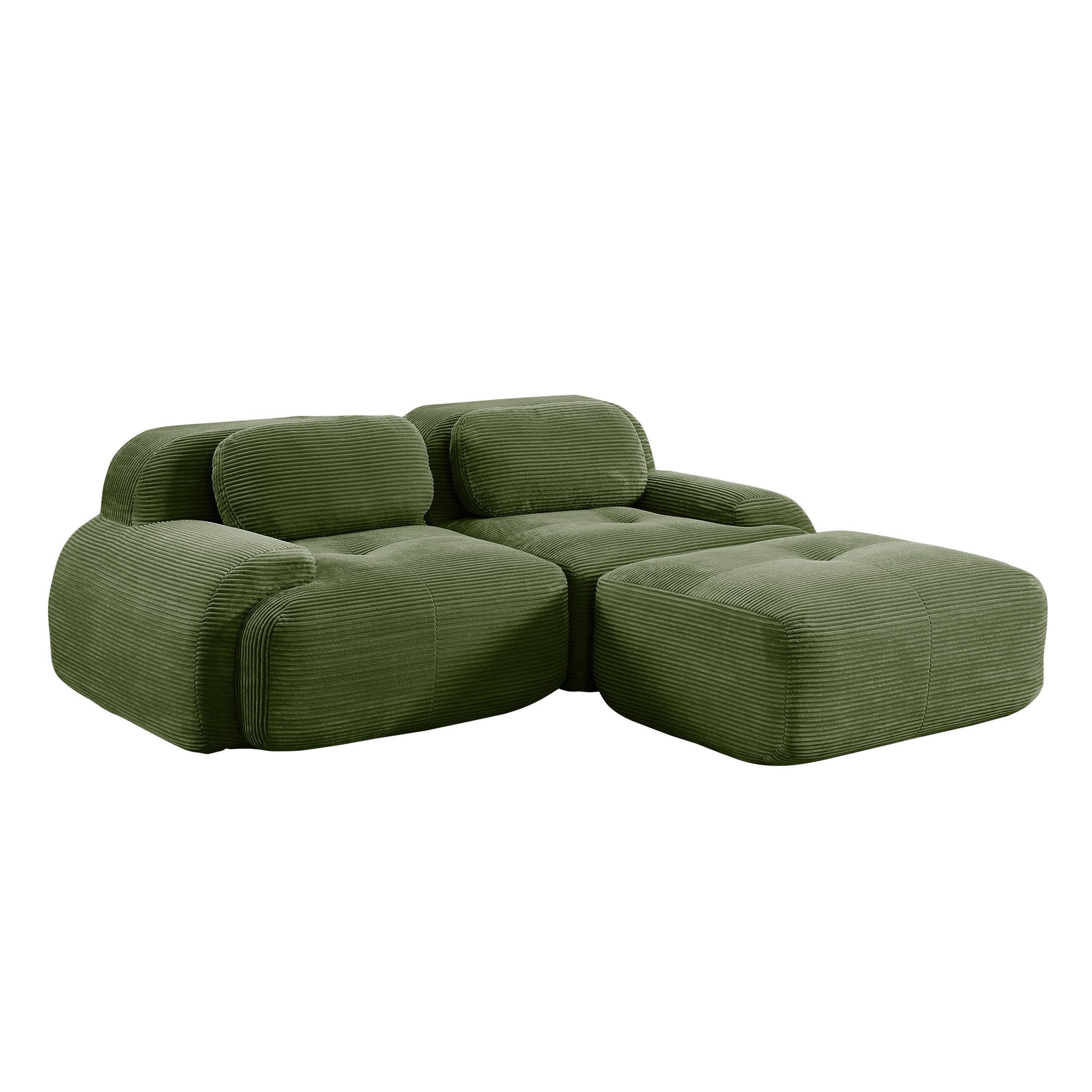 Olive Green corduroy boneless sectional, 2-seat with one ottoman layout, 45 degree view on a white background — Olive Green / 2-Seat + 1 Ottoman