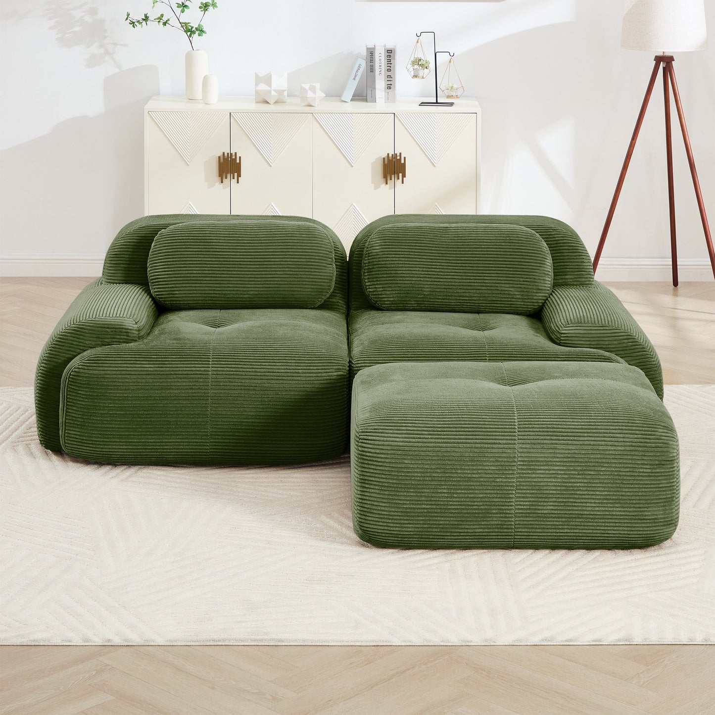 Olive Green corduroy boneless sectional, 2-seat with one ottoman layout, straight on view in a living room — Olive Green / 2-Seat + 1 Ottoman