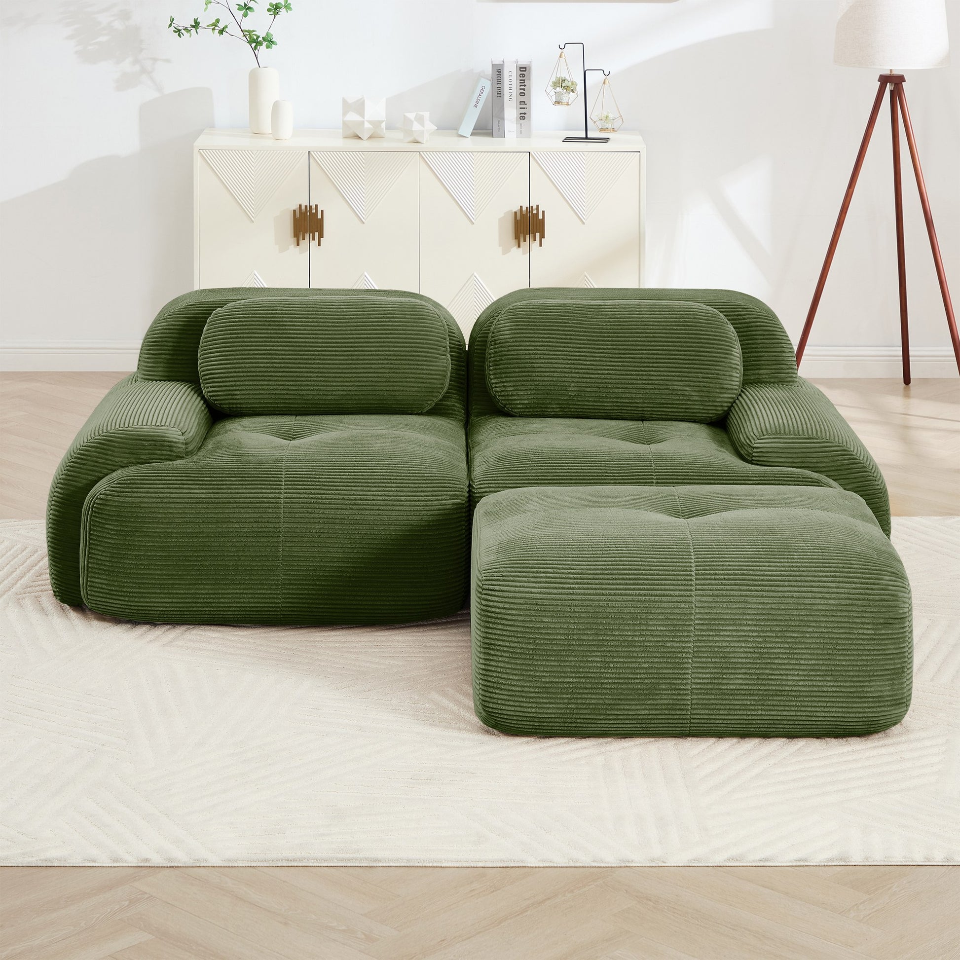 Olive Green corduroy boneless sectional, 2-seat with one ottoman layout, straight on view in a living room — Olive Green / 2-Seat + 1 Ottoman