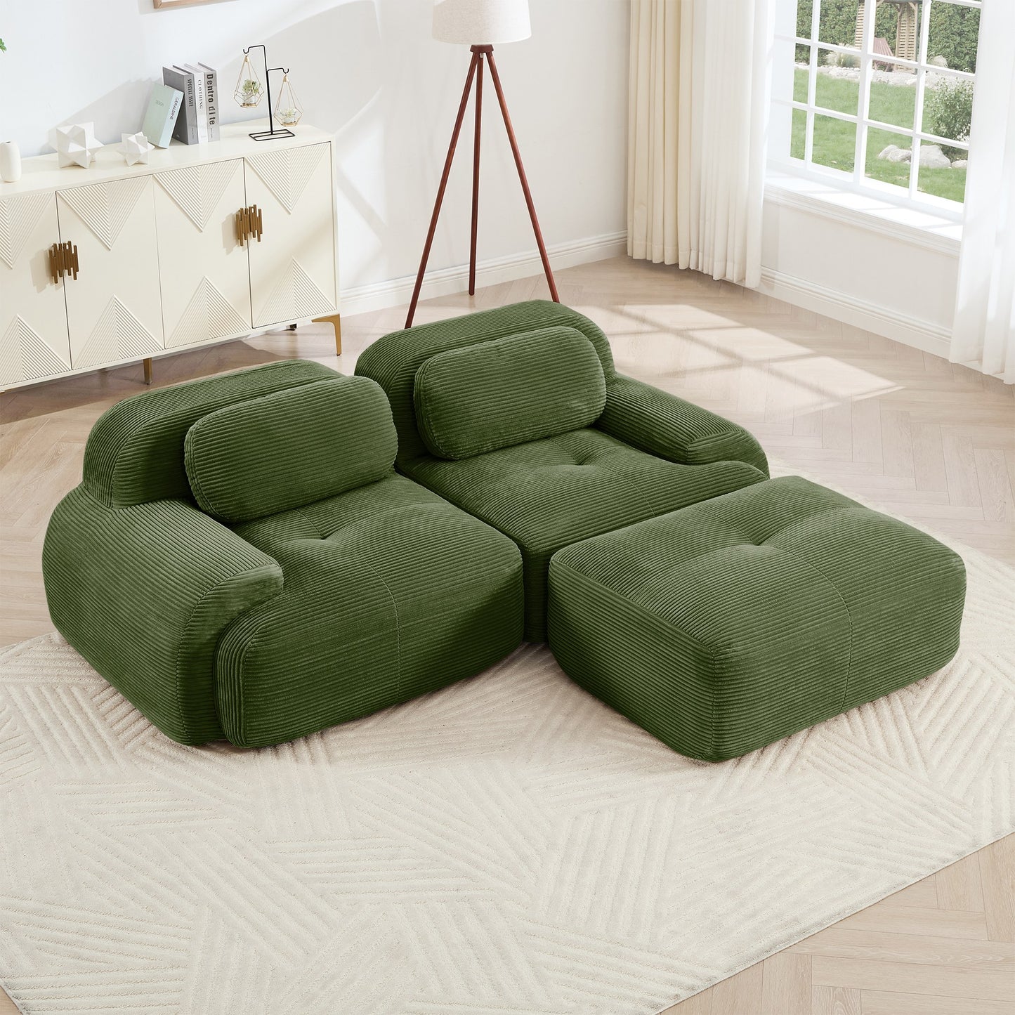Olive Green corduroy boneless sectional, 2-seat with one ottoman layout, angled view in a bright living room — Olive Green / 2-Seat + 1 Ottoman