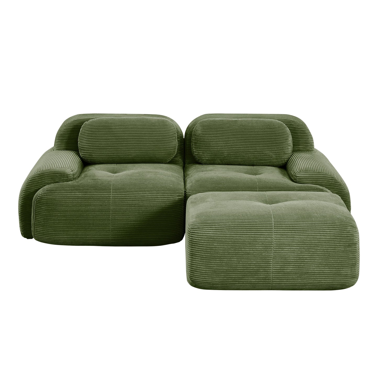 Olive Green corduroy boneless sectional, 2-seat with one ottoman layout, second view on a white background — Olive Green / 2-Seat + 1 Ottoman