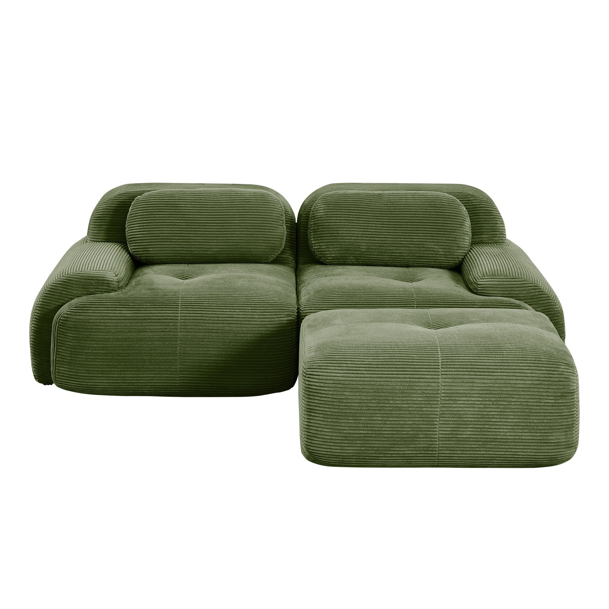 Olive Green corduroy boneless sectional, 2-seat with one ottoman layout, second view on a white background — Olive Green / 2-Seat + 1 Ottoman