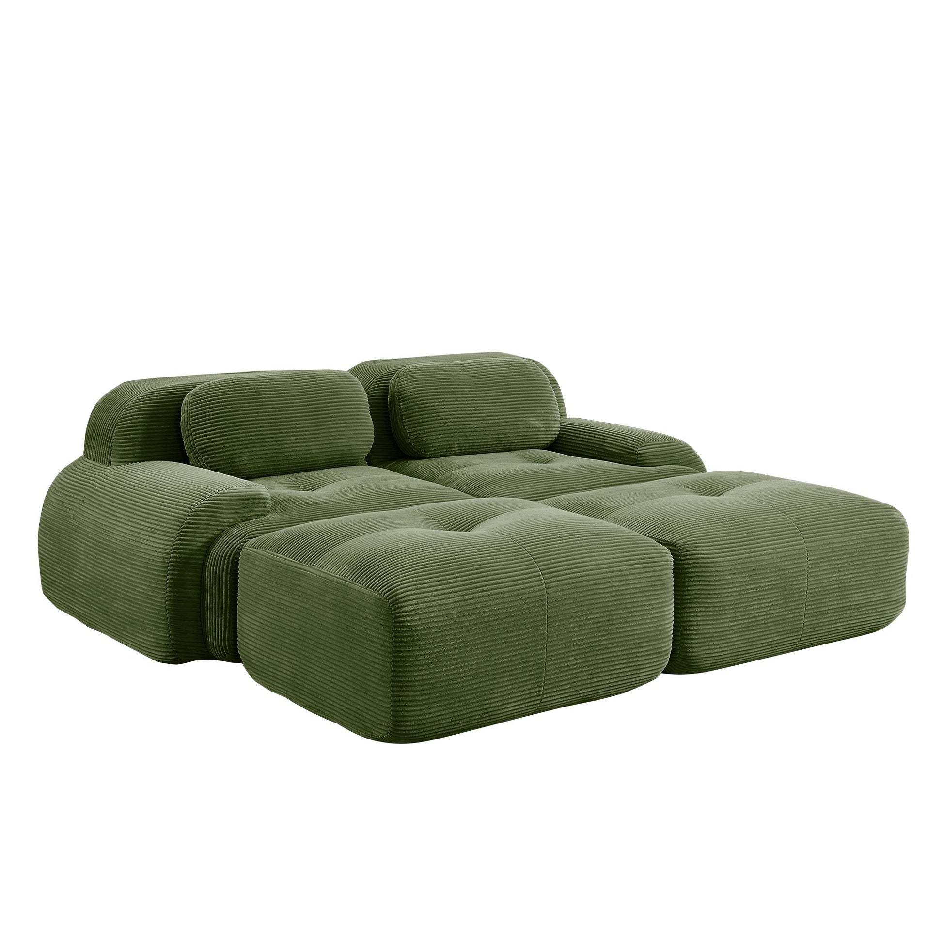 Olive Green corduroy boneless sectional, 2-seat with two ottomans layout, 45 degree view on a white background — Olive Green / 2-Seat + 2 Ottomans