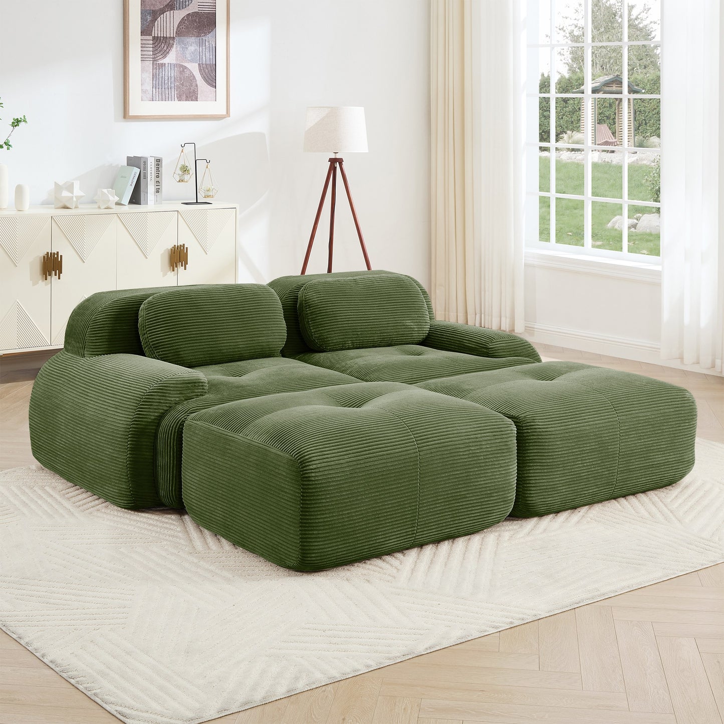 Olive Green corduroy boneless sectional, 2-seat with two ottomans layout, straight on view in a living room — Olive Green / 2-Seat + 2 Ottomans