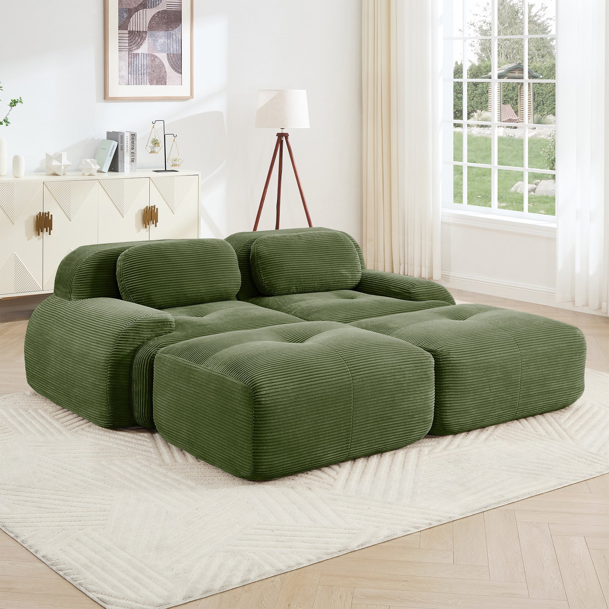 Olive Green corduroy boneless sectional, 2-seat with two ottomans layout, straight on view in a living room — Olive Green / 2-Seat + 2 Ottomans