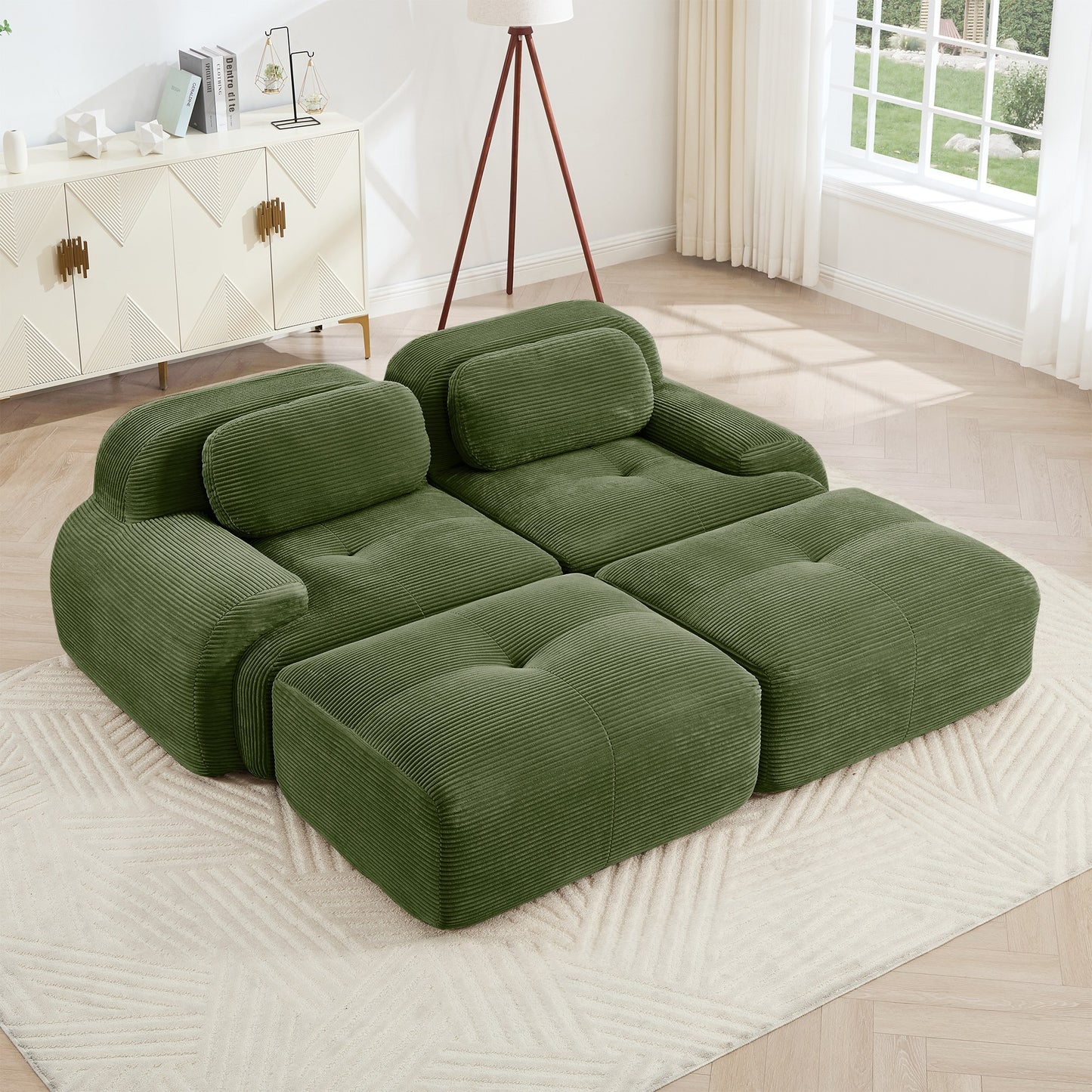 Olive Green corduroy boneless sectional, 2-seat with two ottomans layout, angled view in a bright living room — Olive Green / 2-Seat + 2 Ottomans