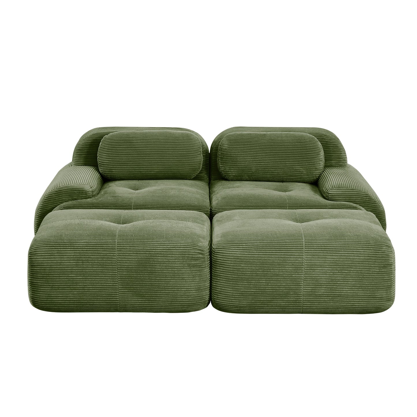 Olive Green corduroy boneless sectional, 2-seat with two ottomans layout, second view on a white background — Olive Green / 2-Seat + 2 Ottomans