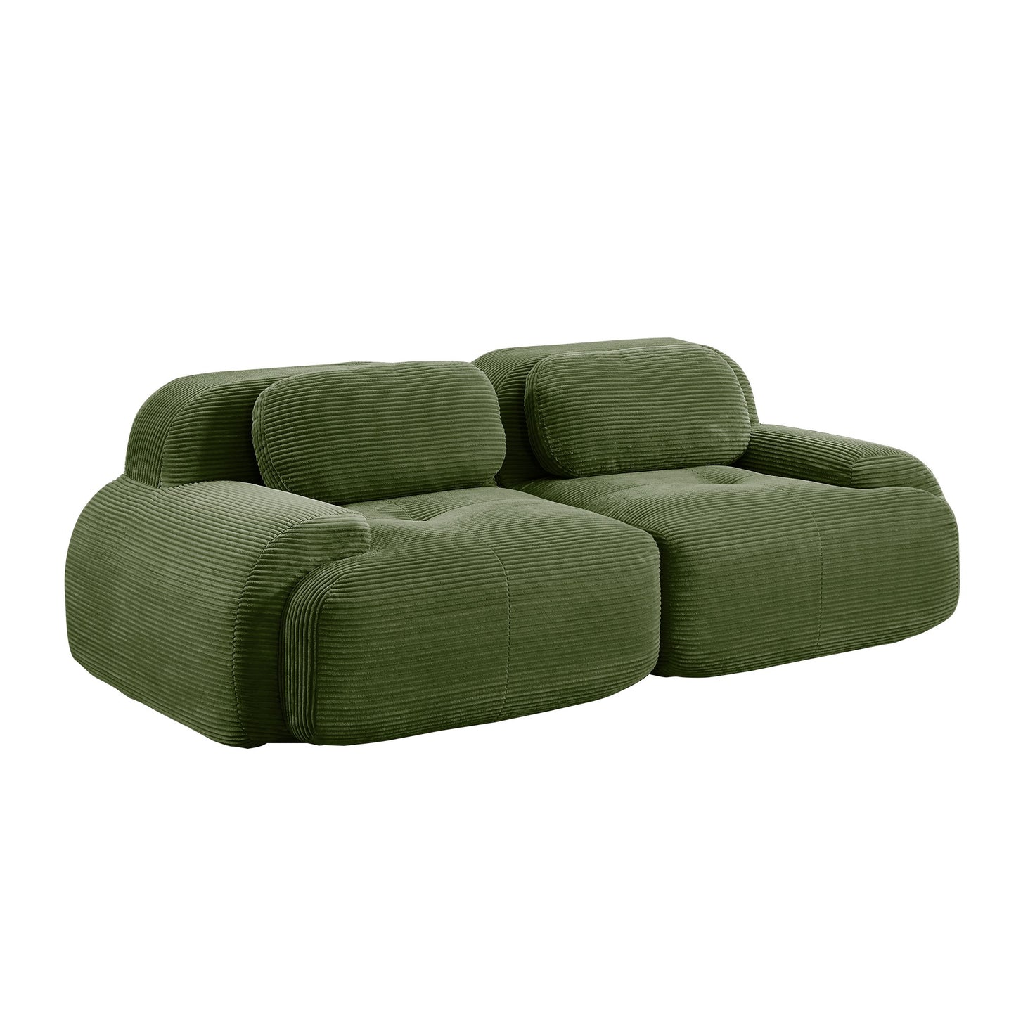 Olive Green corduroy boneless sectional, 2-seat layout, 45 degree view on a white background — Olive Green / 2-Seat