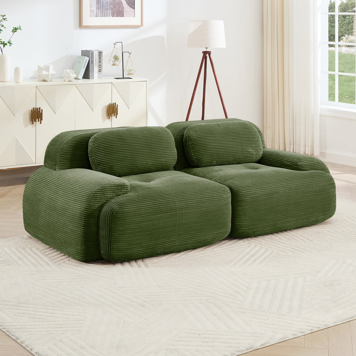 Olive Green corduroy boneless sectional, 2-seat layout, straight on view in a living room — Olive Green / 2-Seat
