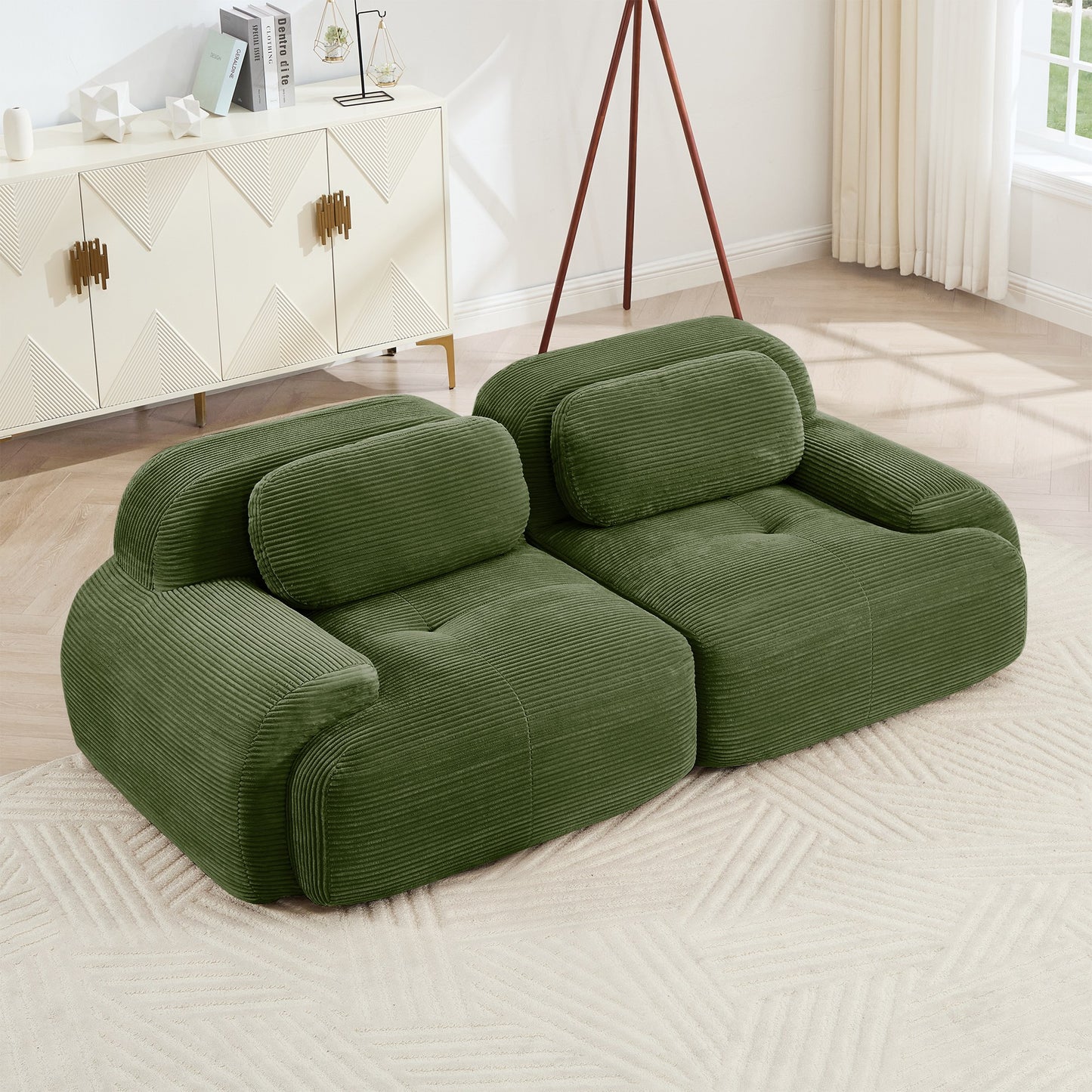 Olive Green corduroy boneless sectional, 2-seat layout, angled view in a bright living room — Olive Green / 2-Seat