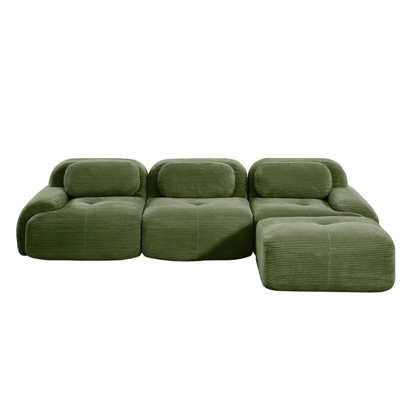 Olive Green corduroy boneless sectional, 3-seat with one ottoman layout, 45 degree view on a white background — Olive Green / 3-Seat + 1 Ottoman