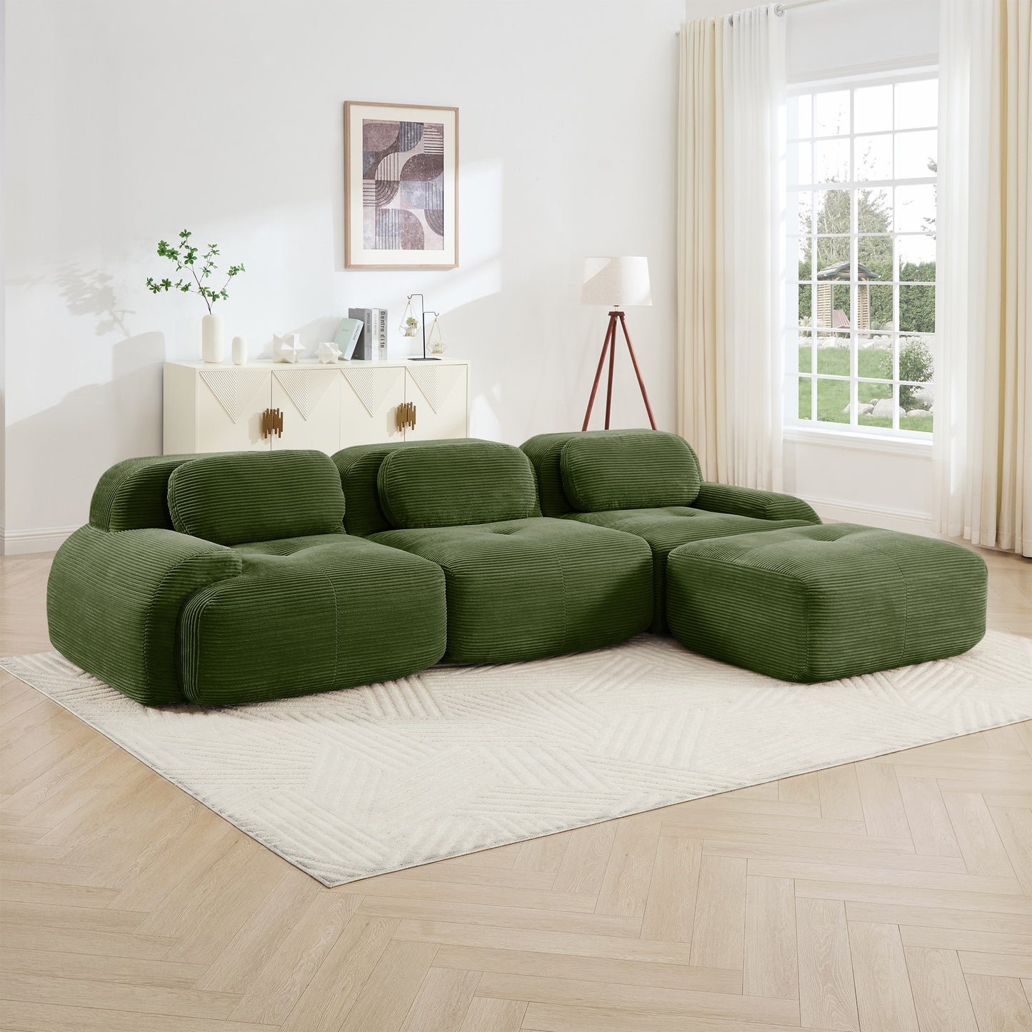 Olive Green corduroy boneless sectional, 3-seat with one ottoman layout, straight on view in a living room — Olive Green / 3-Seat + 1 Ottoman