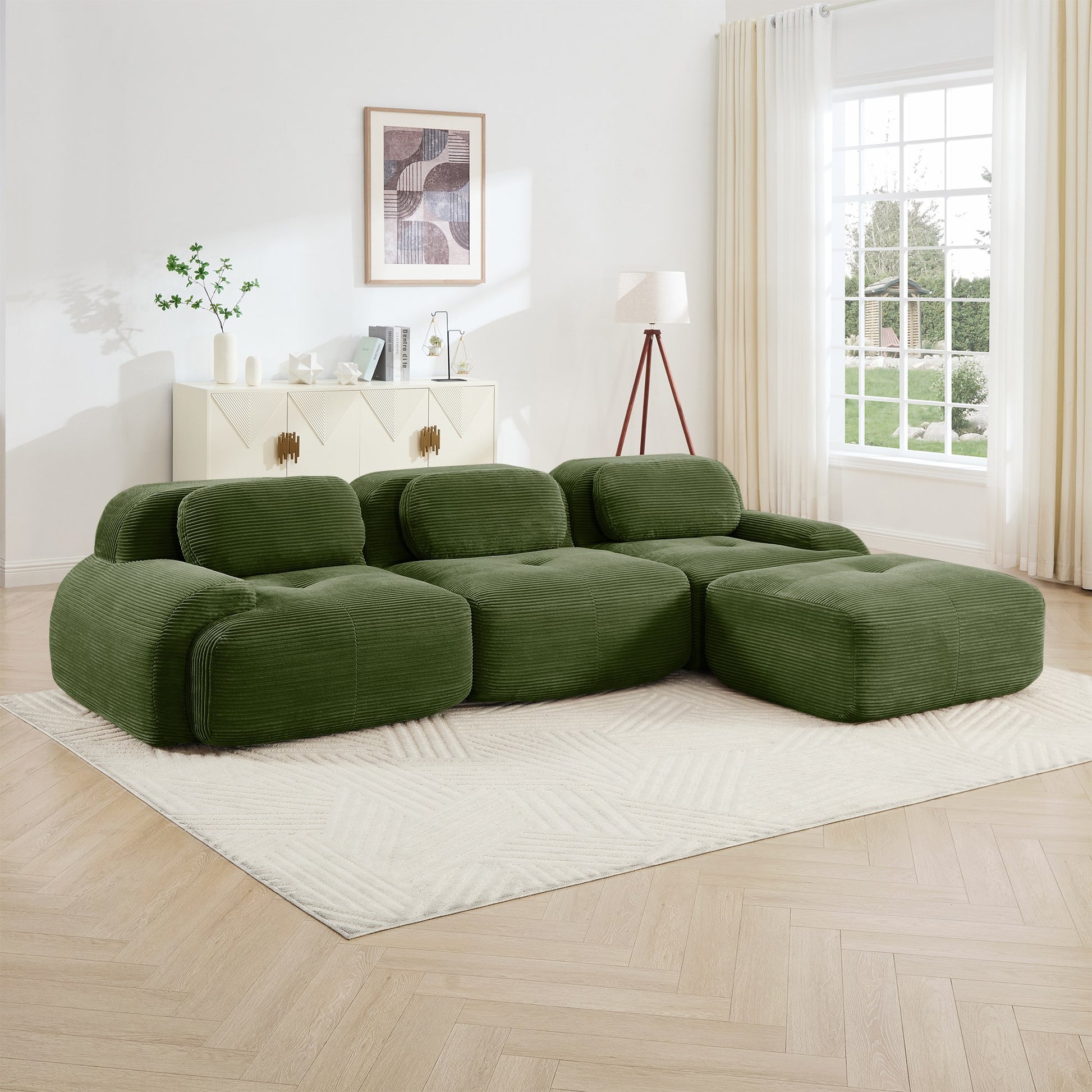 Olive Green corduroy boneless sectional, 3-seat with one ottoman layout, straight on view in a living room — Olive Green / 3-Seat + 1 Ottoman