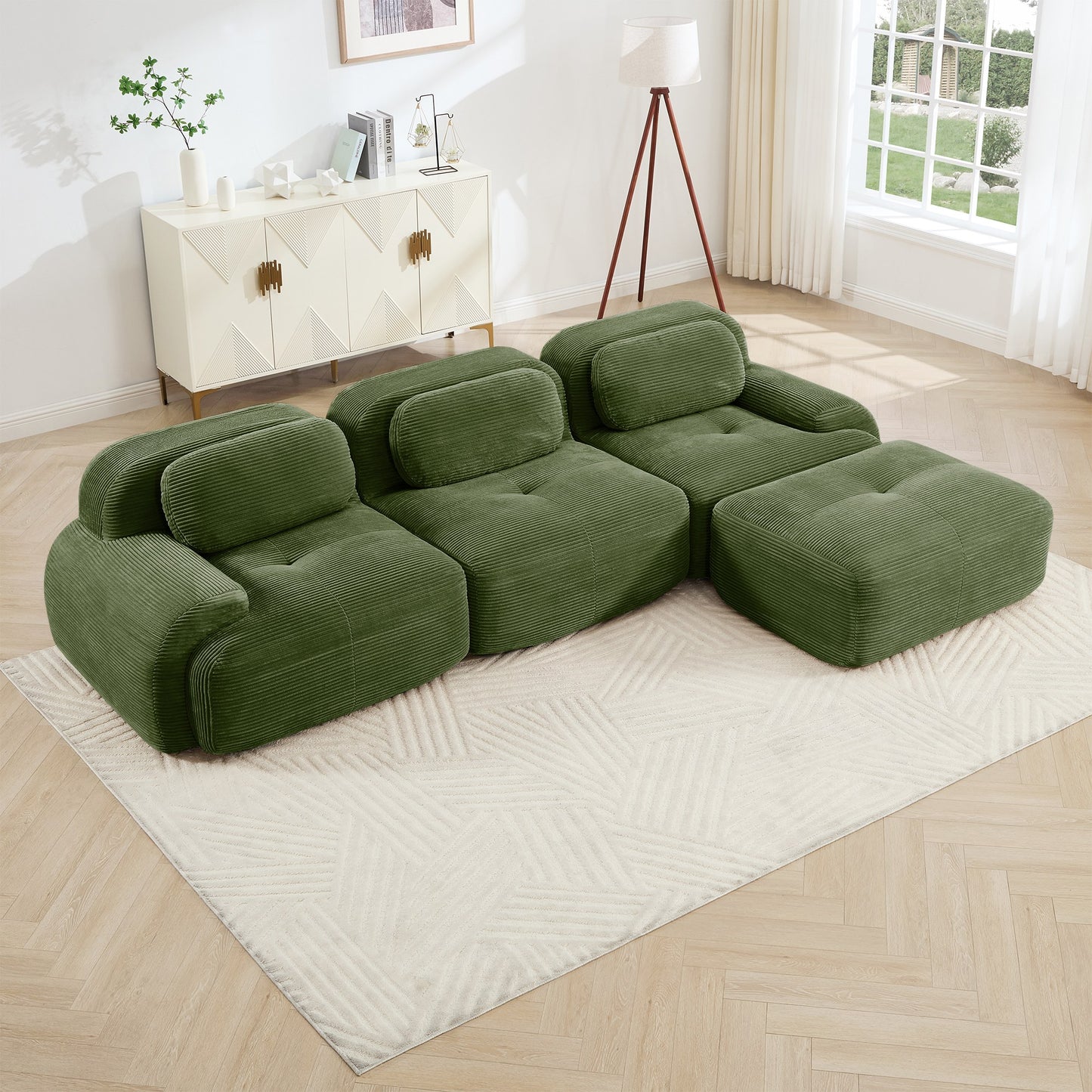 Olive Green corduroy boneless sectional, 3-seat with one ottoman layout, angled view in a bright living room — Olive Green / 3-Seat + 1 Ottoman