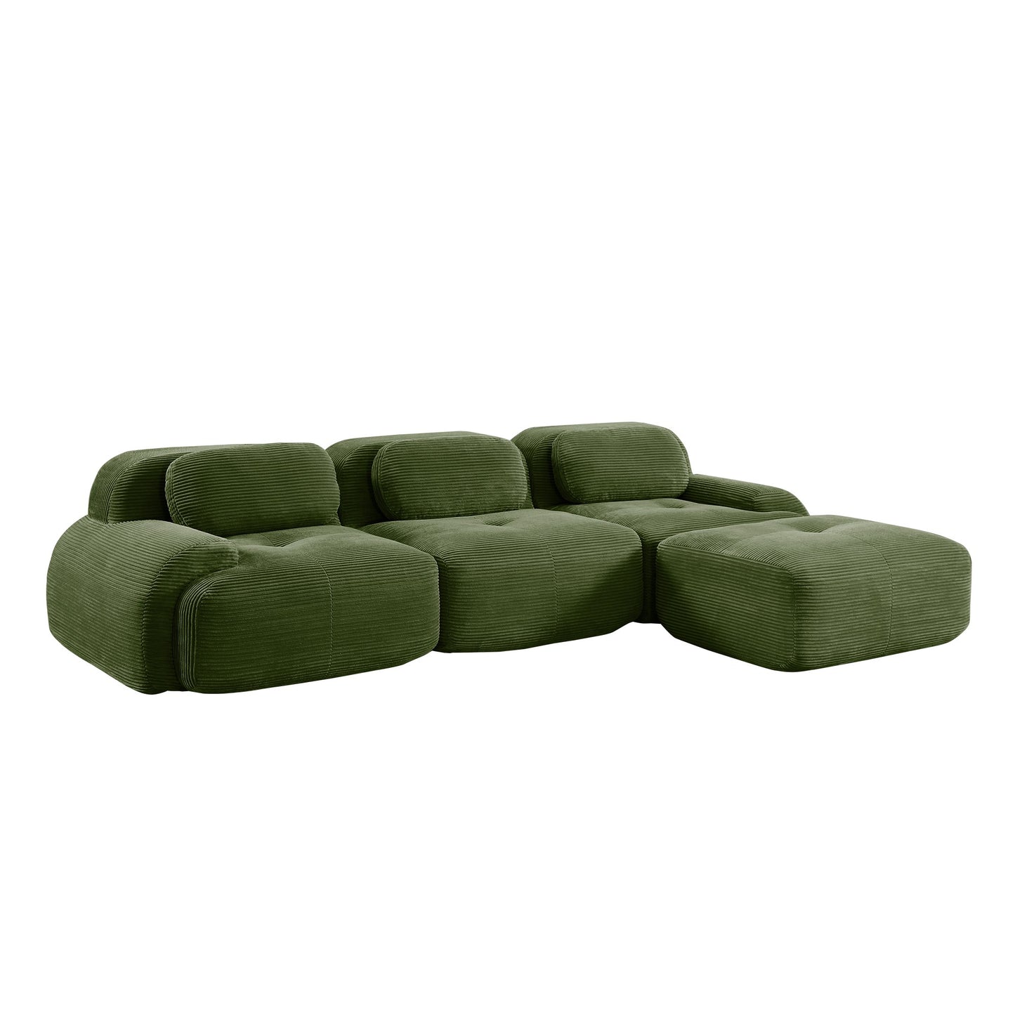 Olive Green corduroy boneless sectional, 3-seat with one ottoman layout, second view on a white background — Olive Green / 3-Seat + 1 Ottoman