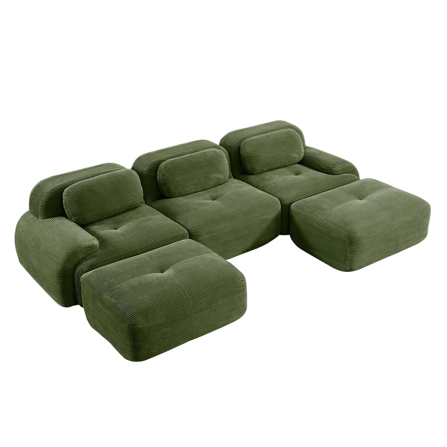 Olive Green corduroy boneless sectional, 3-seat with two ottomans layout, 45 degree view on a white background — Olive Green / 3-Seat + 2 Ottomans
