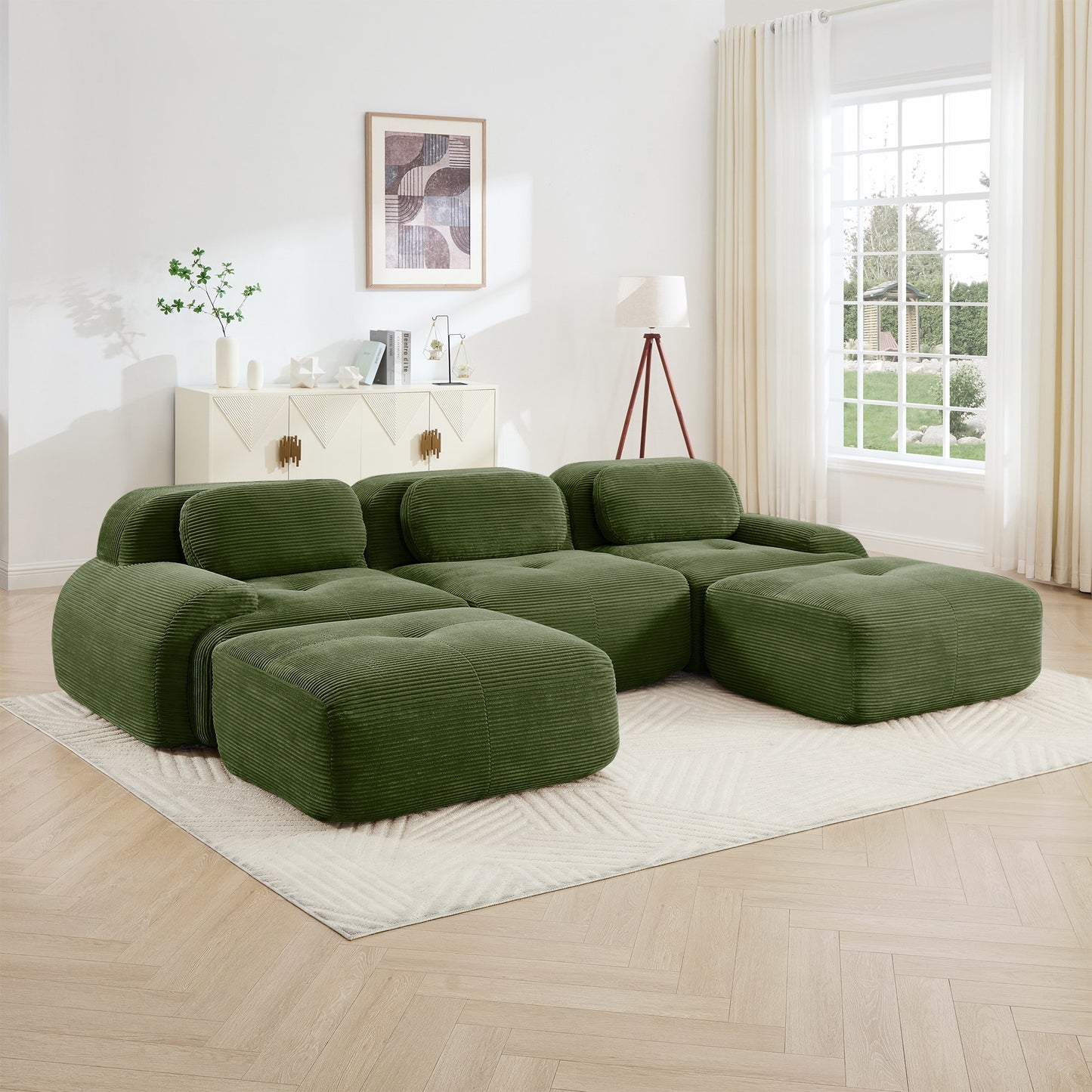 Olive Green corduroy boneless sectional, 3-seat with two ottomans layout, straight on view in a living room — Olive Green / 3-Seat + 2 Ottomans