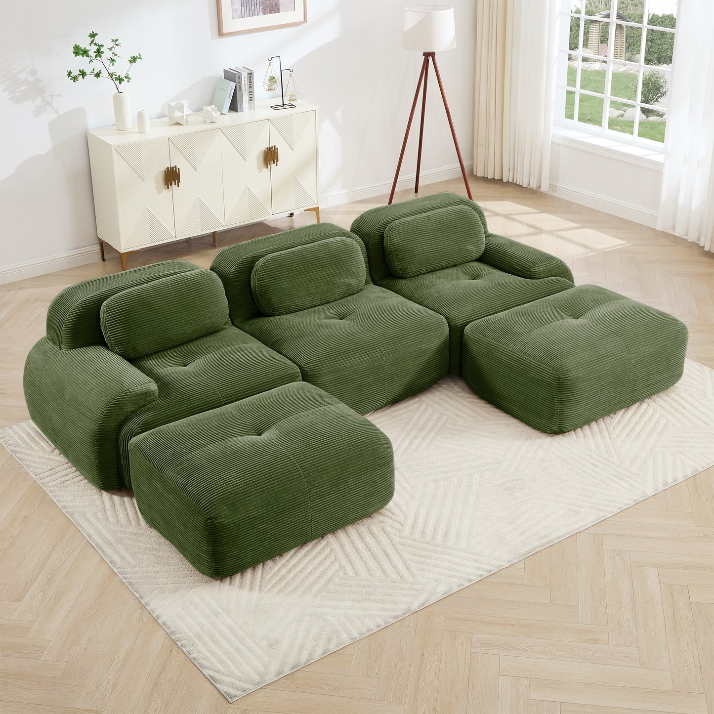 Olive Green corduroy boneless sectional, 3-seat with two ottomans layout, angled view in a bright living room — Olive Green / 3-Seat + 2 Ottomans