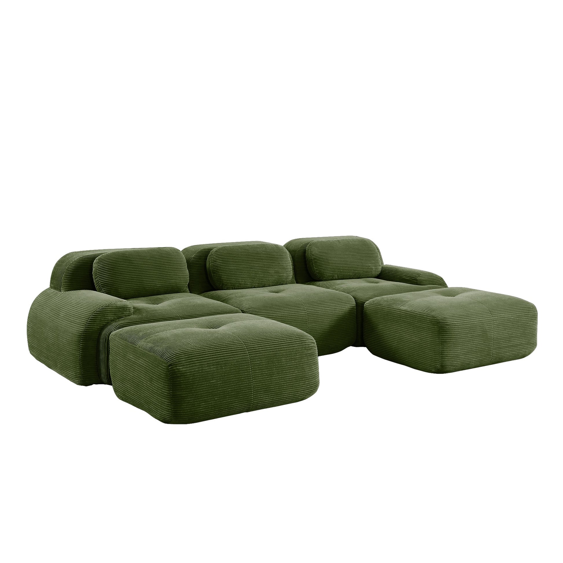 Olive Green corduroy boneless sectional, 3-seat with two ottomans layout, second view on a white background — Olive Green / 3-Seat + 2 Ottomans
