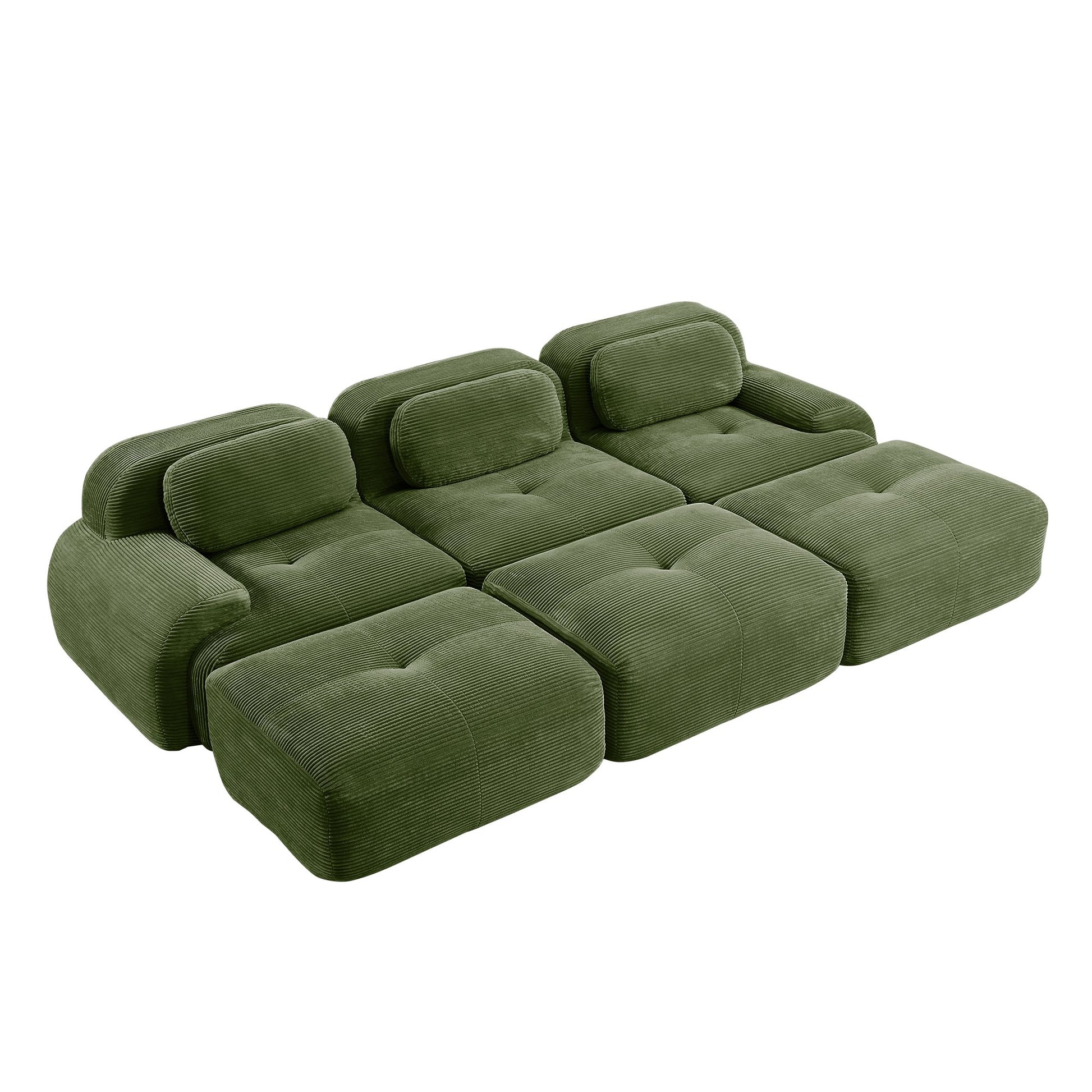 Olive Green corduroy boneless sectional, 3-seat with three ottomans layout, 45 degree view on a white background — Olive Green / 3-Seat + 3 Ottomans