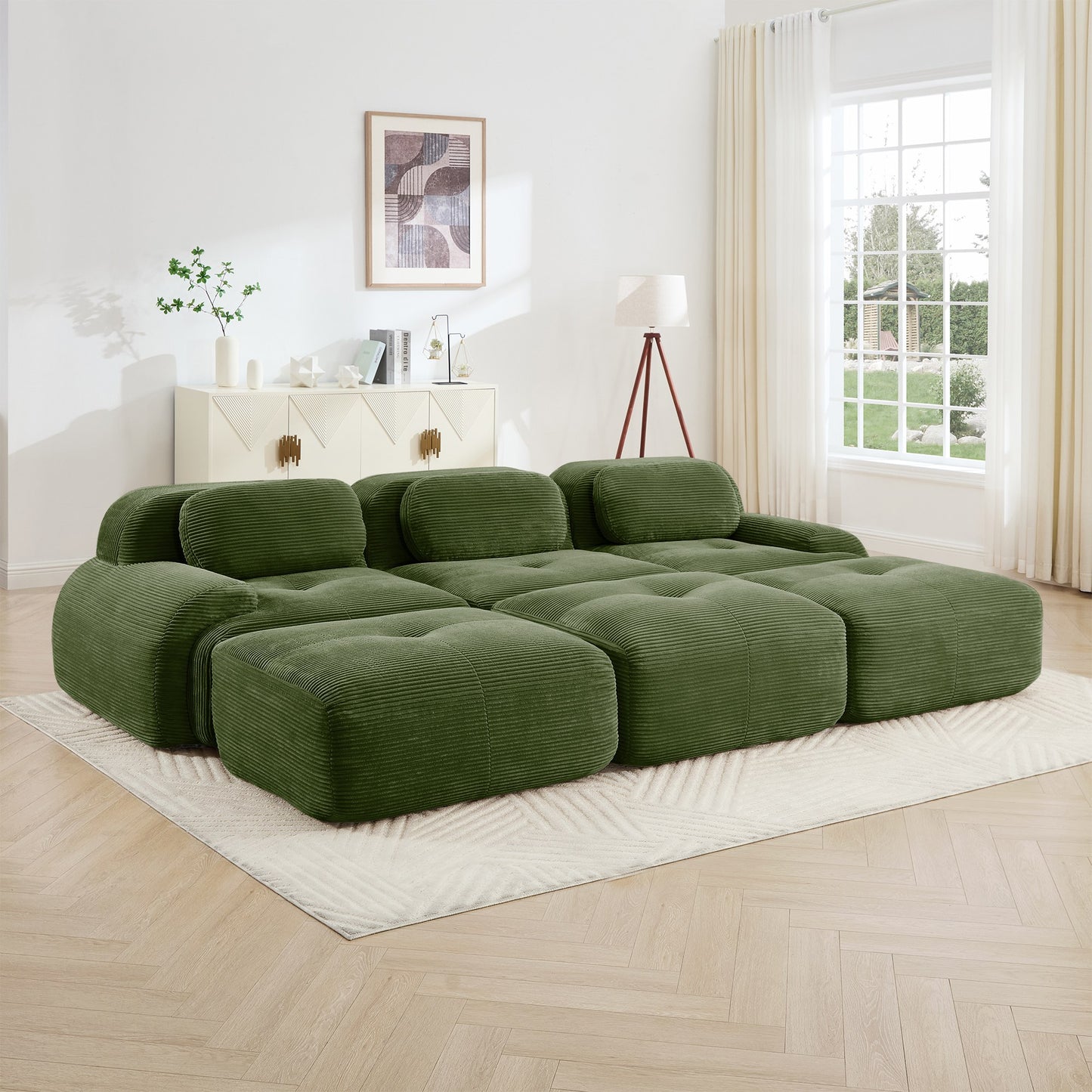Olive Green corduroy boneless sectional, 3-seat with three ottomans layout, straight on view in a living room — Olive Green / 3-Seat + 3 Ottomans
