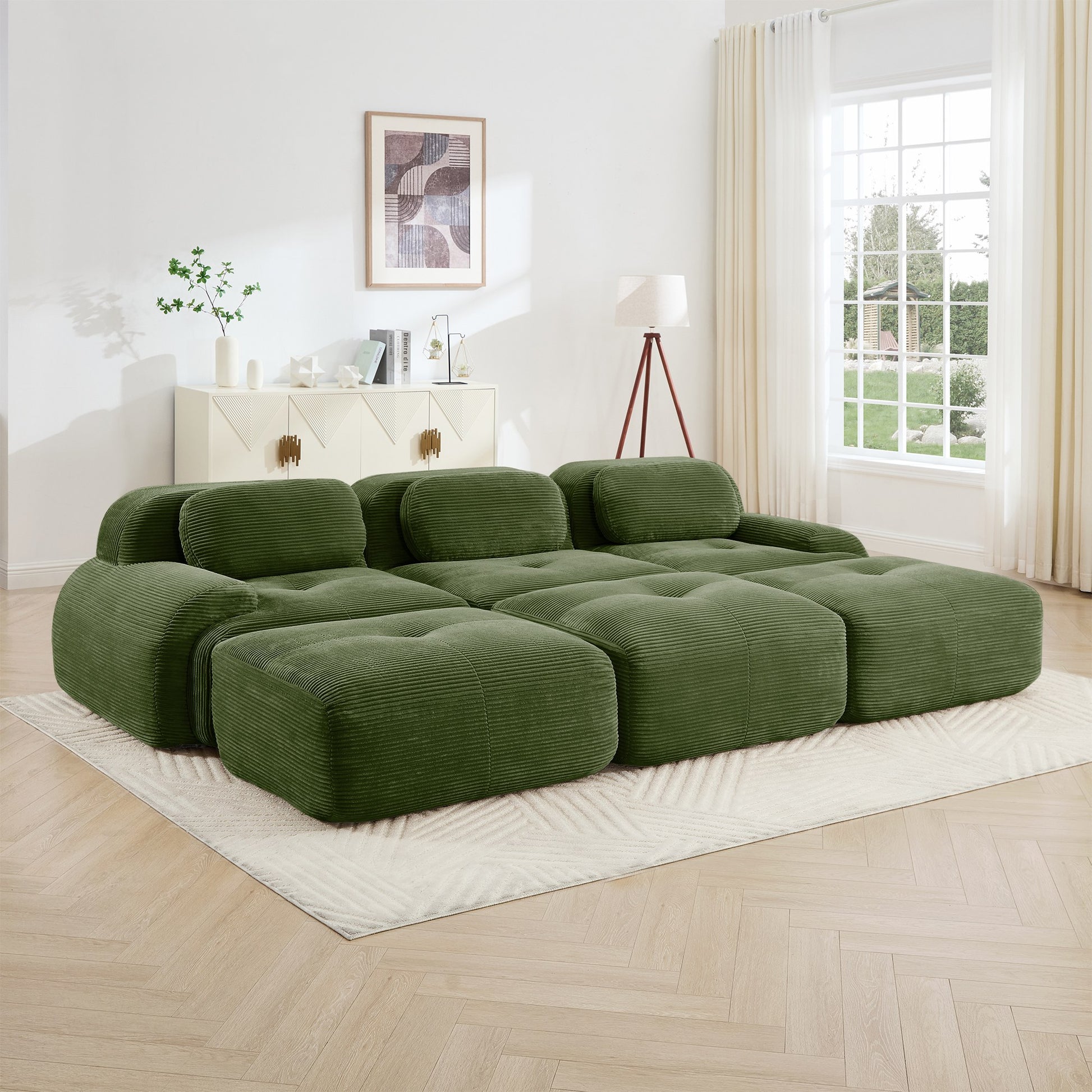 Olive Green corduroy boneless sectional, 3-seat with three ottomans layout, straight on view in a living room — Olive Green / 3-Seat + 3 Ottomans