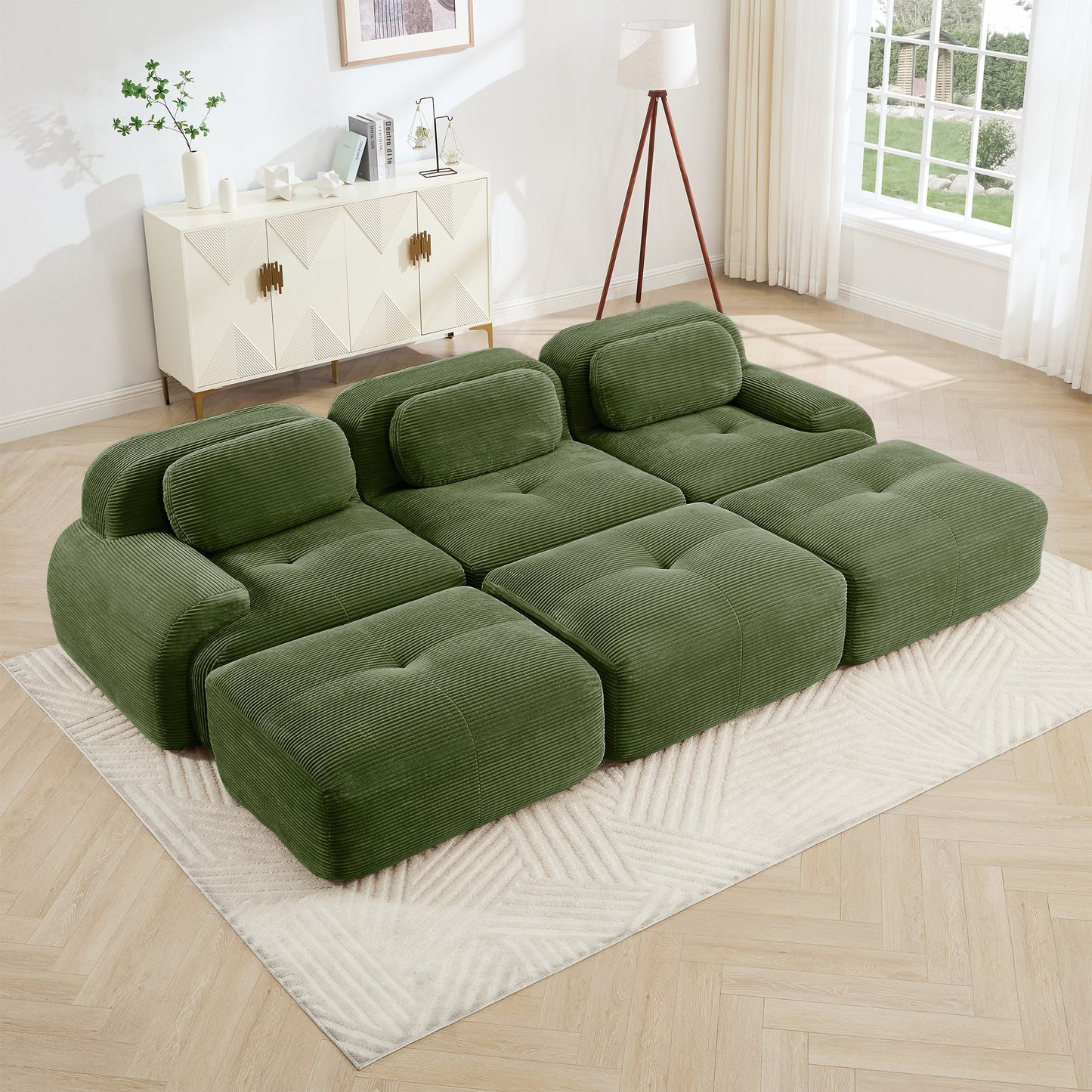 Olive Green corduroy boneless sectional, 3-seat with three ottomans layout, angled view in a bright living room — Olive Green / 3-Seat + 3 Ottomans
