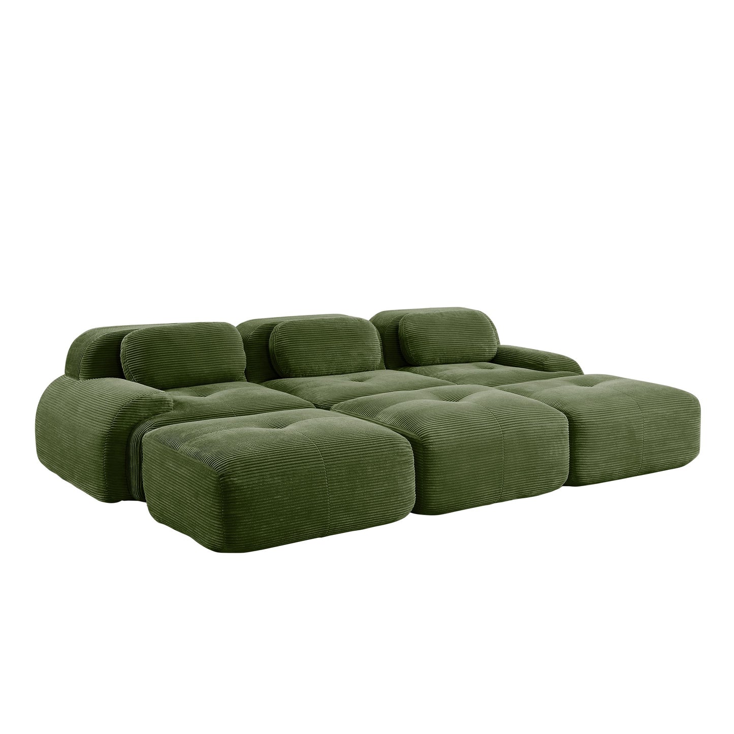 Olive Green corduroy boneless sectional, 3-seat with three ottomans layout, second view on a white background — Olive Green / 3-Seat + 3 Ottomans