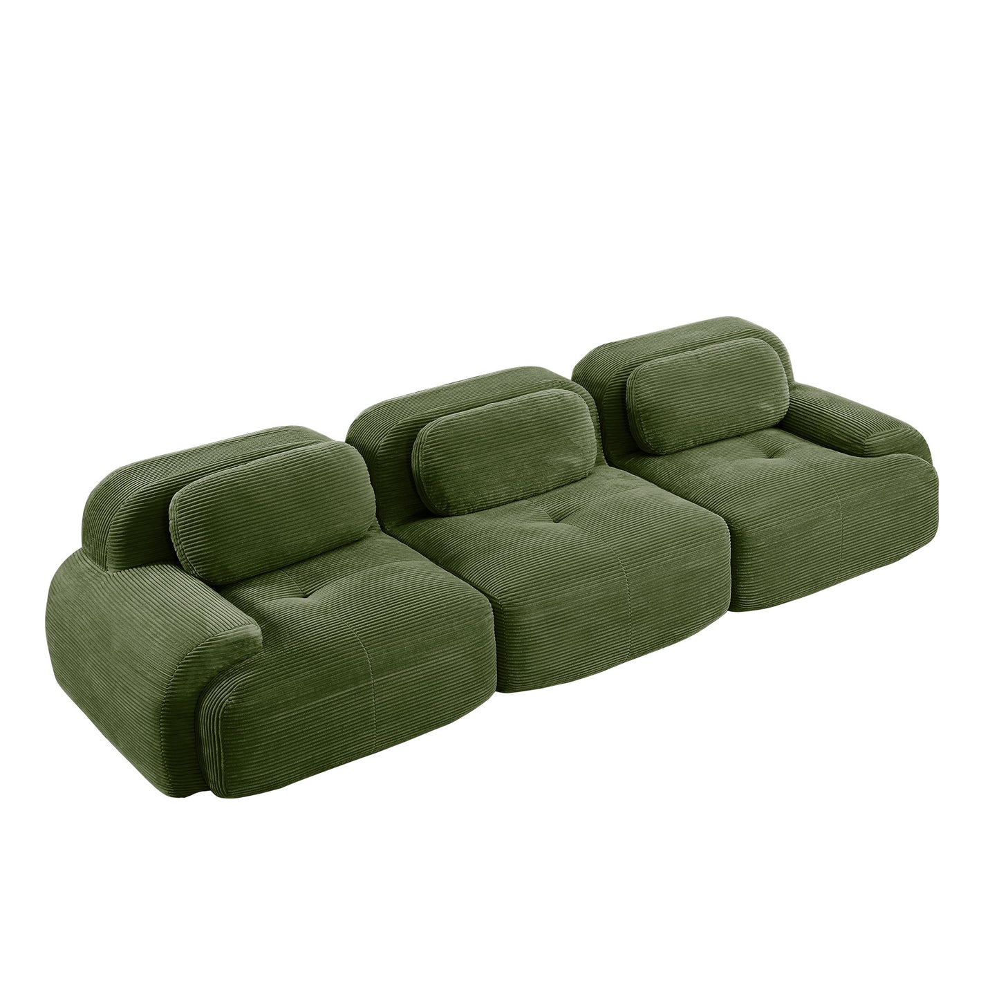 Olive Green corduroy boneless sectional, 3-seat layout, 45 degree view on a white background — Olive Green / 3-Seat