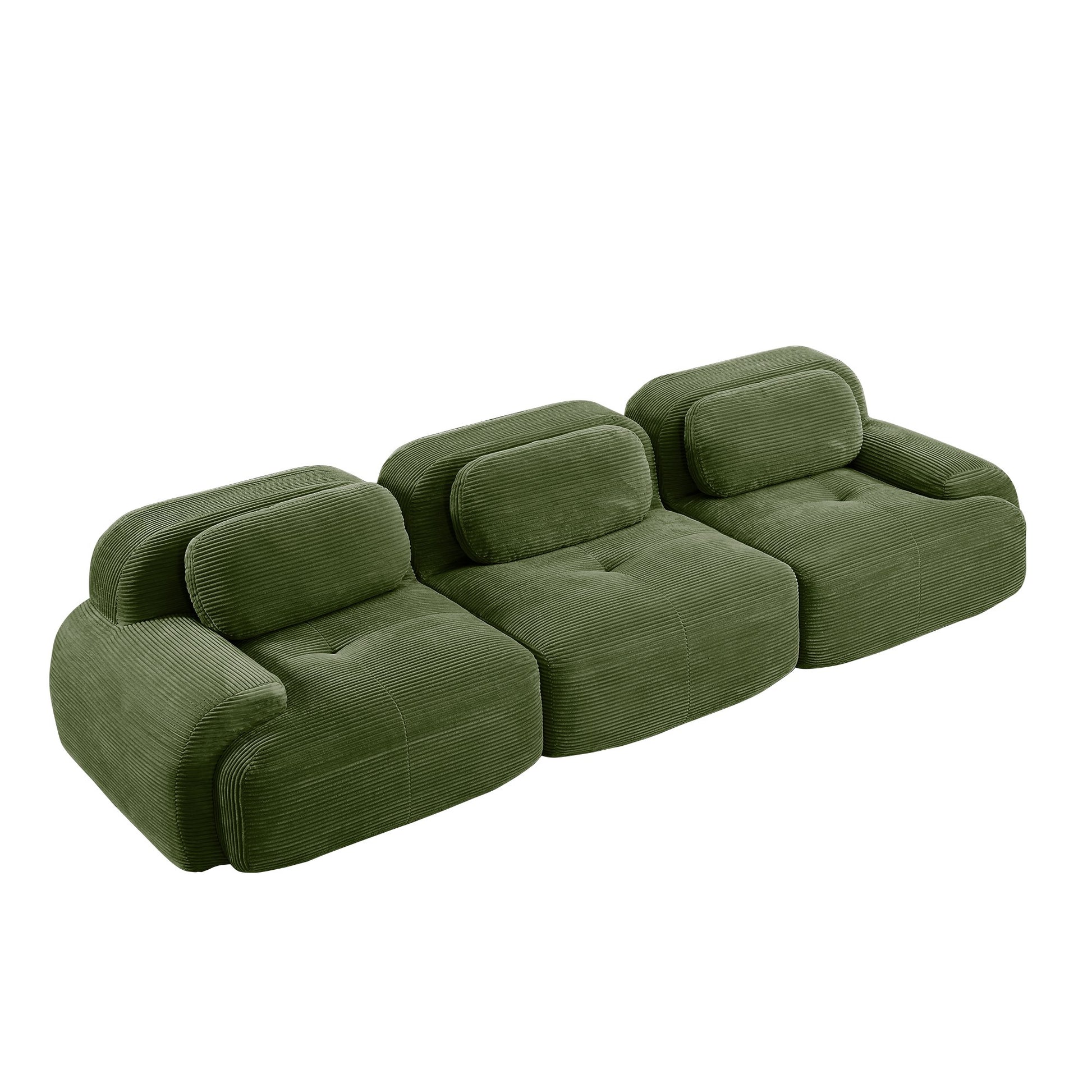 Olive Green corduroy boneless sectional, 3-seat layout, 45 degree view on a white background — Olive Green / 3-Seat