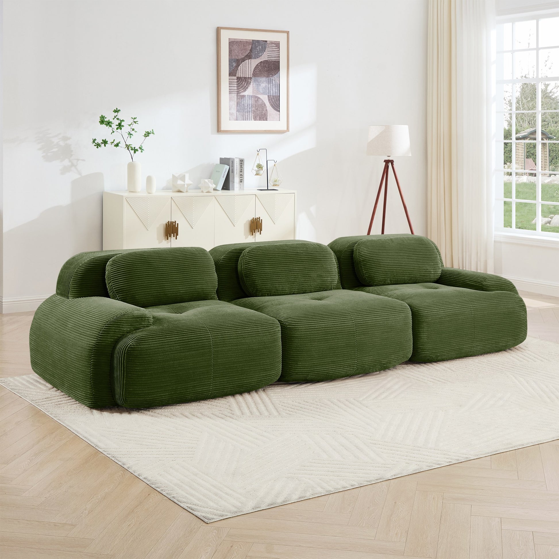 Olive Green corduroy boneless sectional, 3-seat layout, straight on view in a living room — Olive Green / 3-Seat