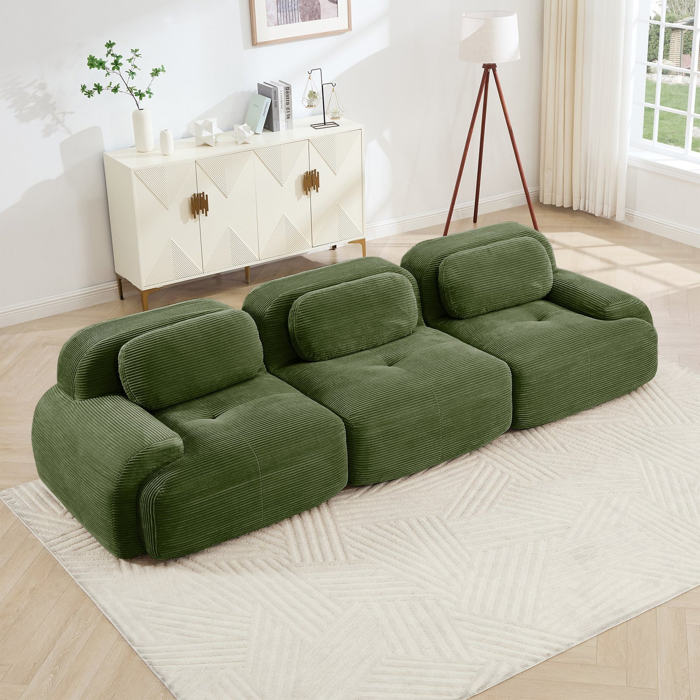 Olive Green corduroy boneless sectional, 3-seat layout, angled view in a bright living room — Olive Green / 3-Seat