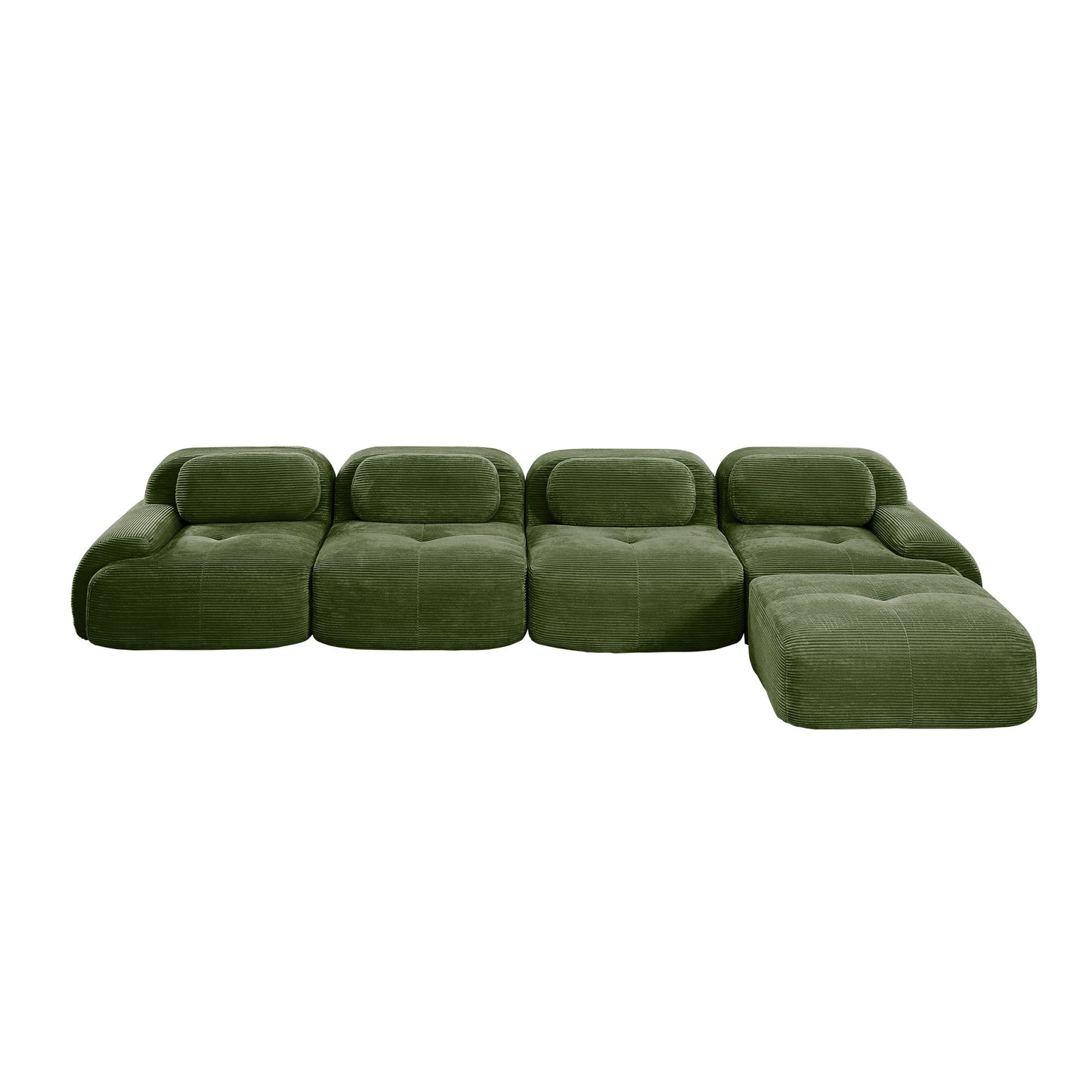 Olive Green corduroy boneless sectional, 4-seat with one ottoman layout, 45 degree view on a white background — Olive Green / 4-Seat + 1 Ottoman