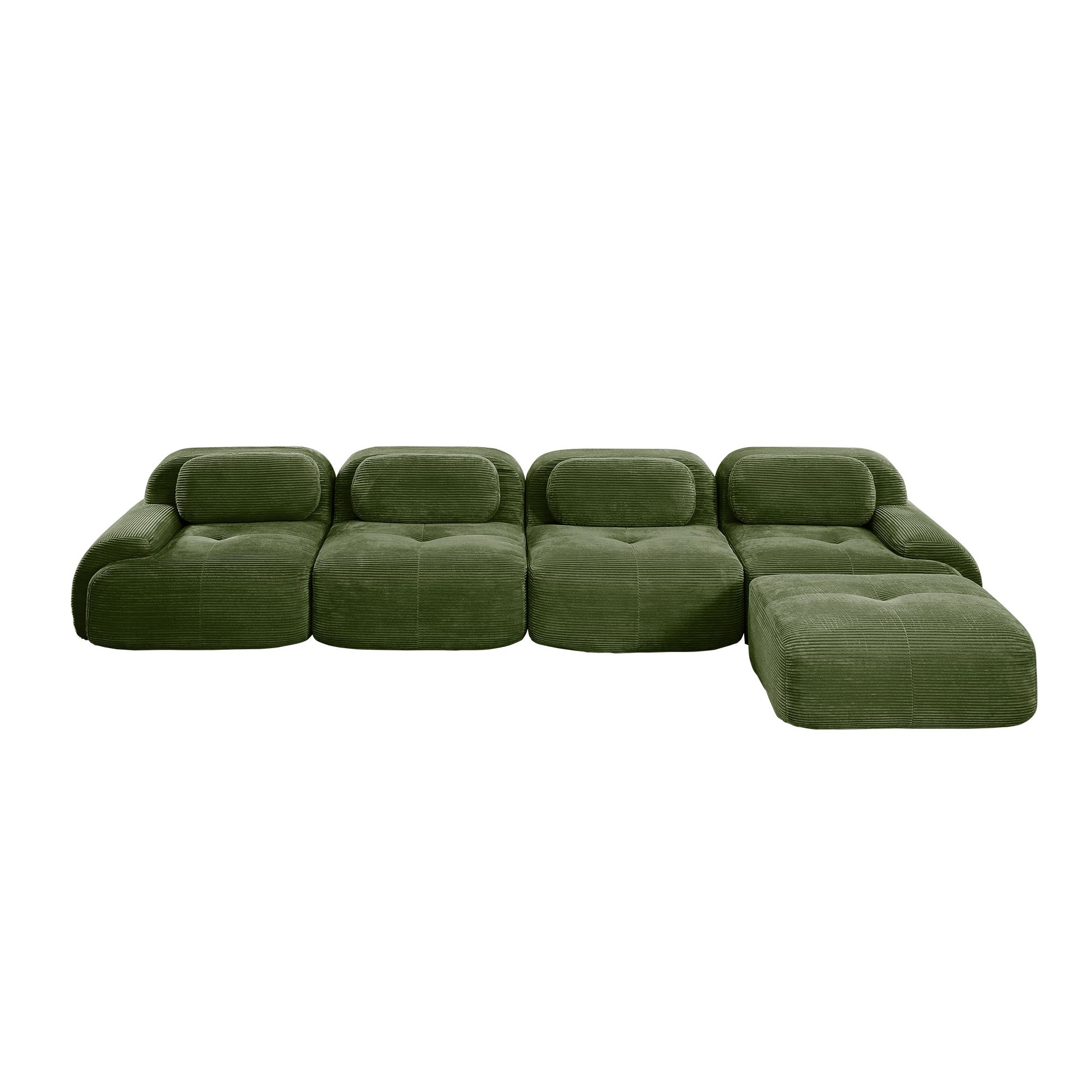 Olive Green corduroy boneless sectional, 4-seat with one ottoman layout, 45 degree view on a white background — Olive Green / 4-Seat + 1 Ottoman