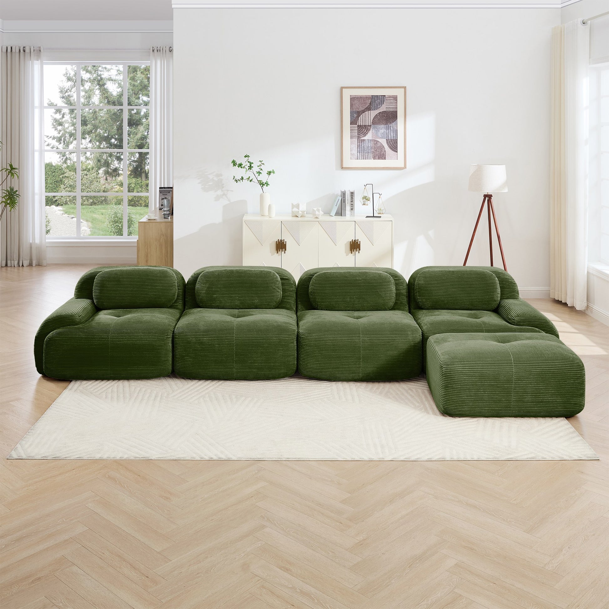 Olive Green corduroy boneless sectional, 4-seat with one ottoman layout, straight on view in a living room — Olive Green / 4-Seat + 1 Ottoman