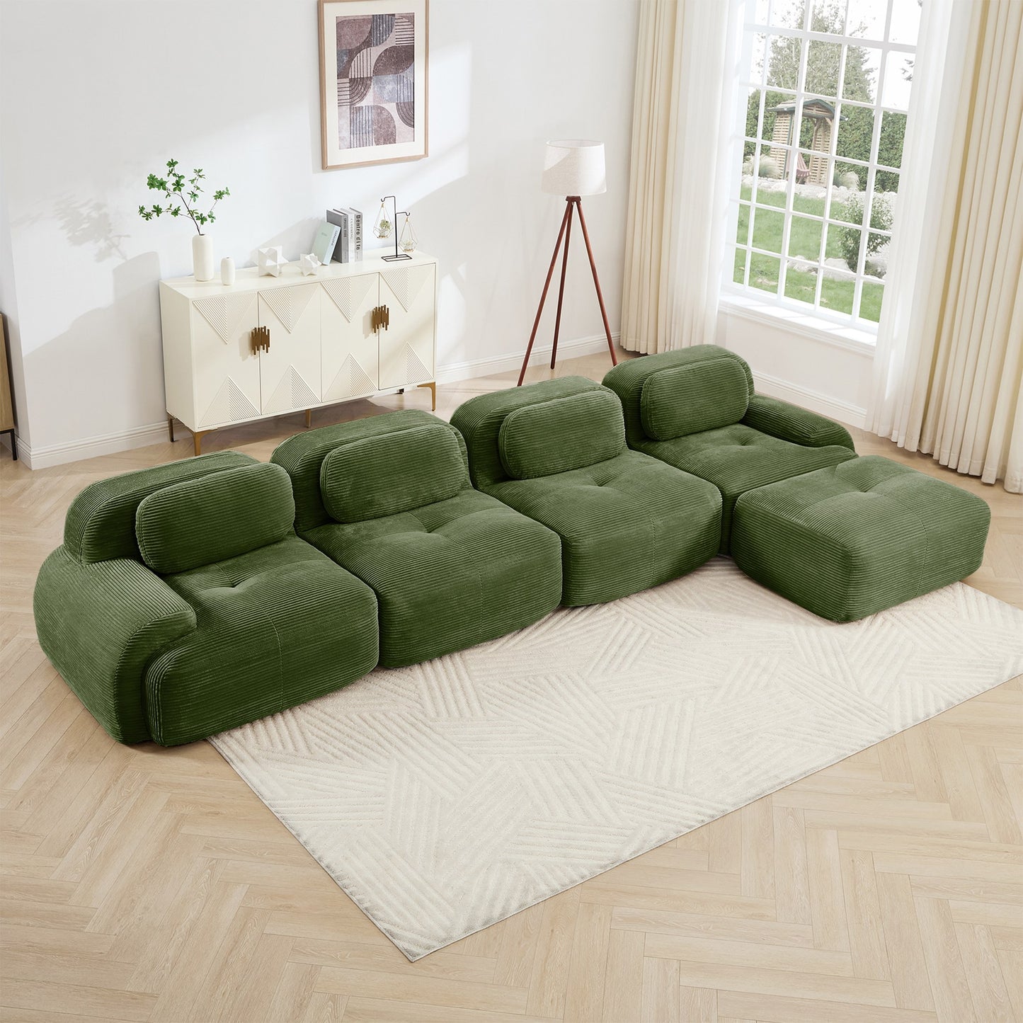 Olive Green corduroy boneless sectional, 4-seat with one ottoman layout, angled view in a bright living room — Olive Green / 4-Seat + 1 Ottoman