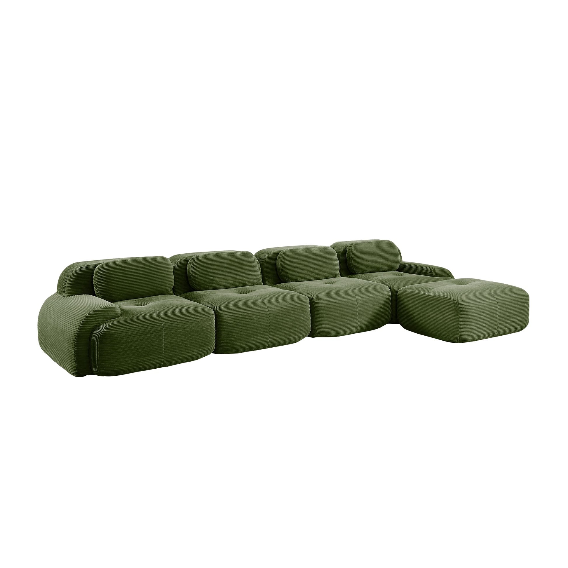Olive Green corduroy boneless sectional, 4-seat with one ottoman layout, second view on a white background — Olive Green / 4-Seat + 1 Ottoman