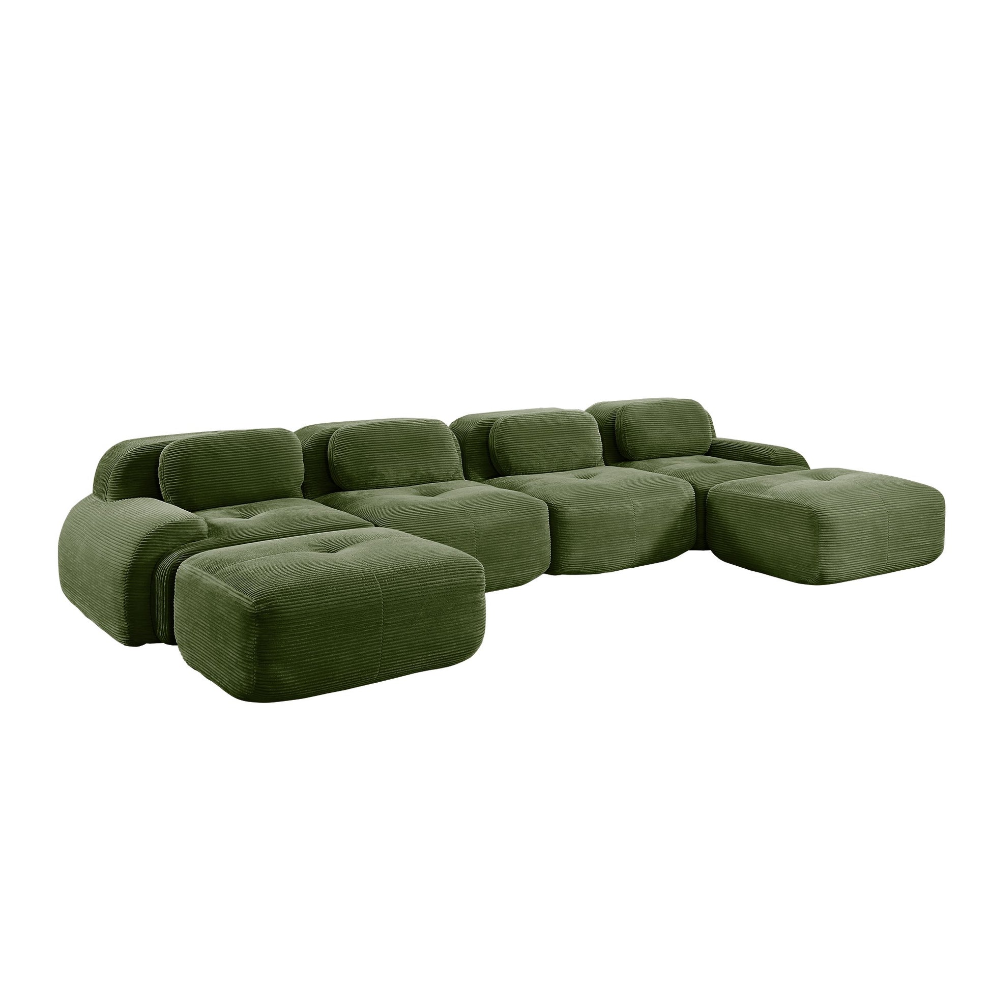 Olive Green corduroy boneless sectional, 4-seat with two ottomans layout, 45 degree view on a white background — Olive Green / 4-Seat + 2 Ottomans
