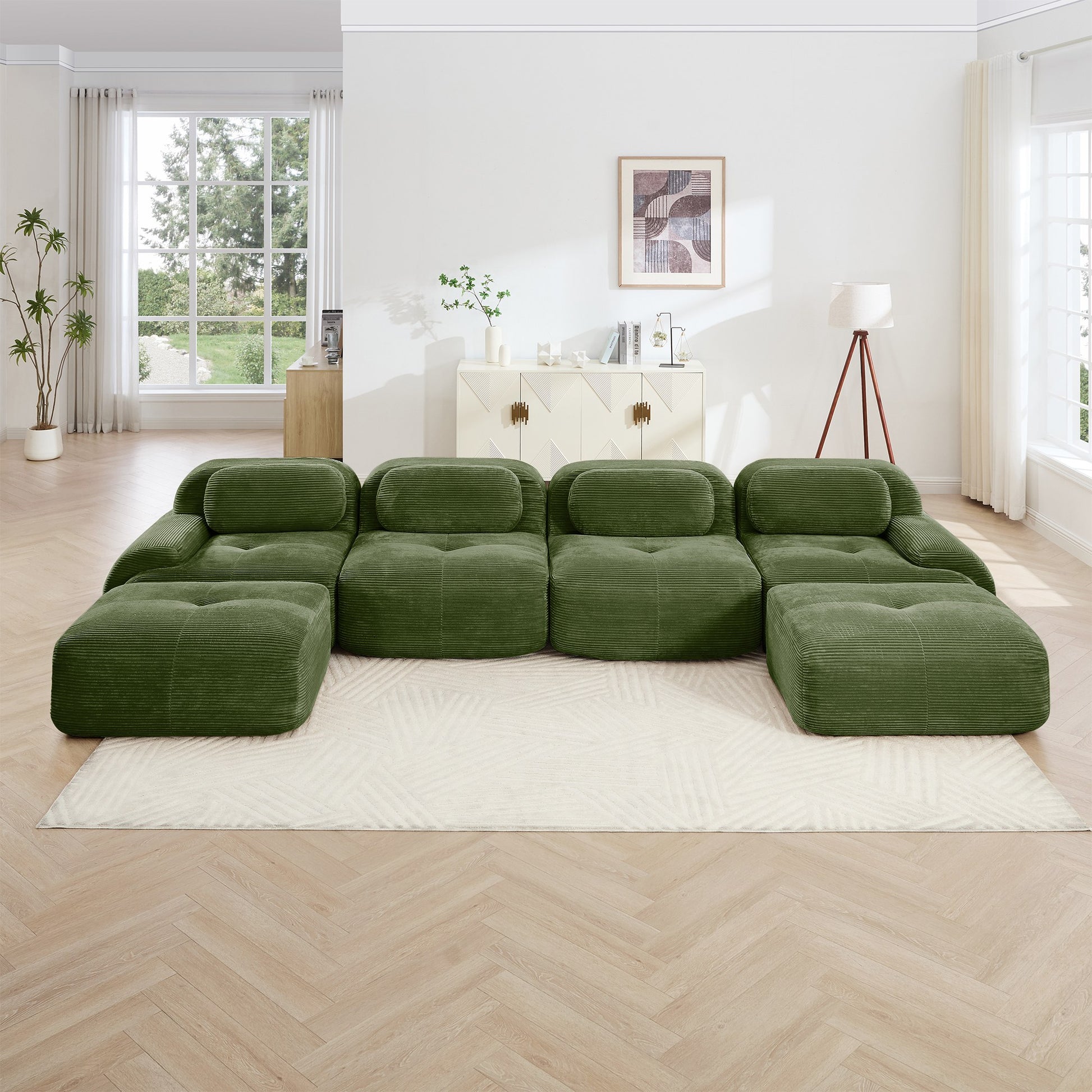 Olive Green corduroy boneless sectional, 4-seat with two ottomans layout, straight on view in a living room — Olive Green / 4-Seat + 2 Ottomans