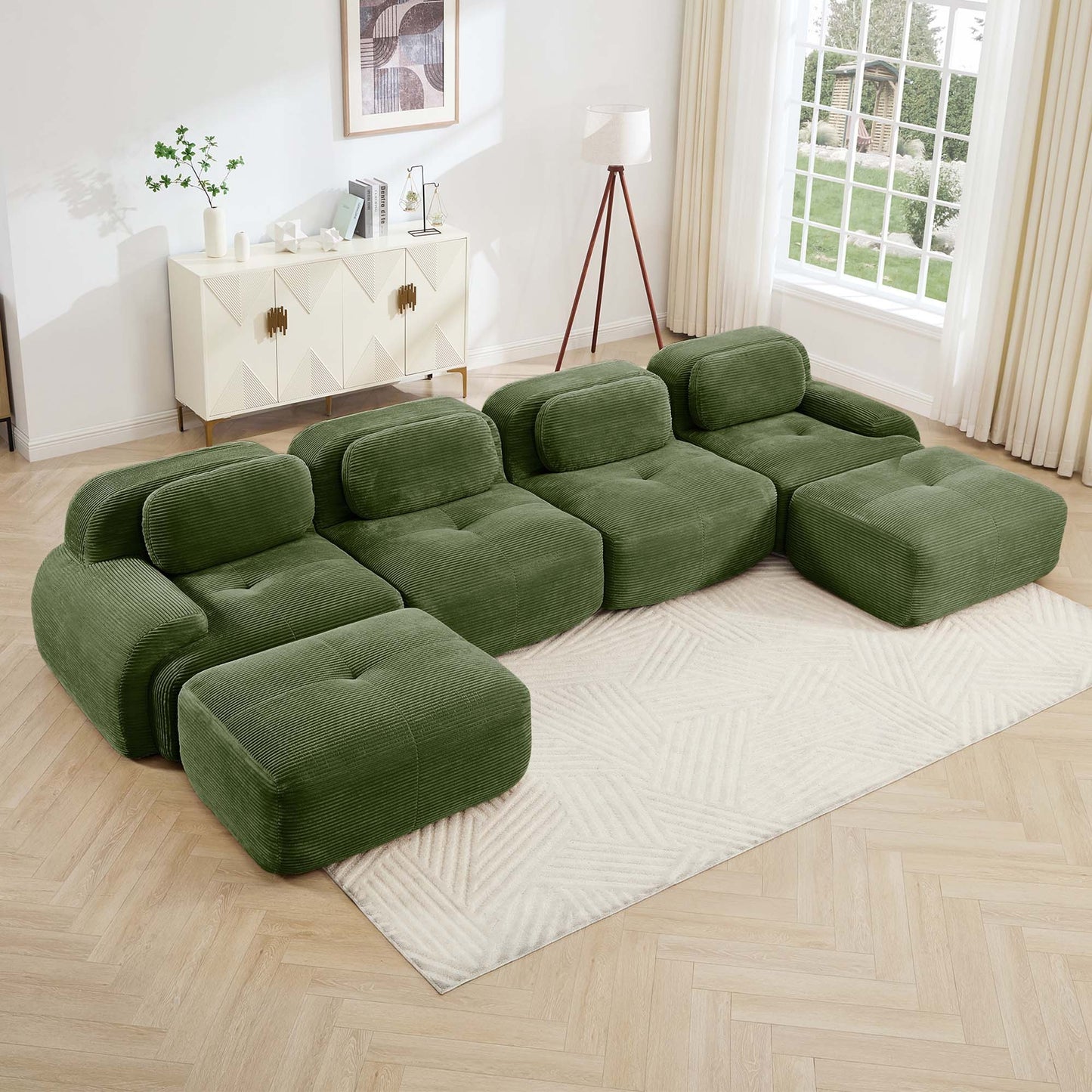 Olive Green corduroy boneless sectional, 4-seat with two ottomans layout, angled view in a bright living room — Olive Green / 4-Seat + 2 Ottomans