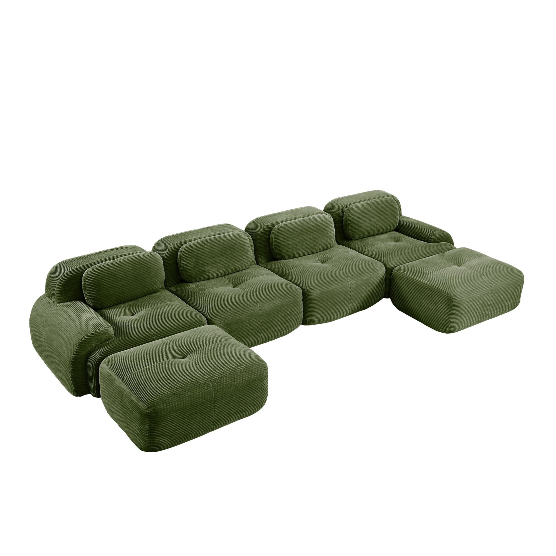 Olive Green corduroy boneless sectional, 4-seat with two ottomans layout, second view on a white background — Olive Green / 4-Seat + 2 Ottomans
